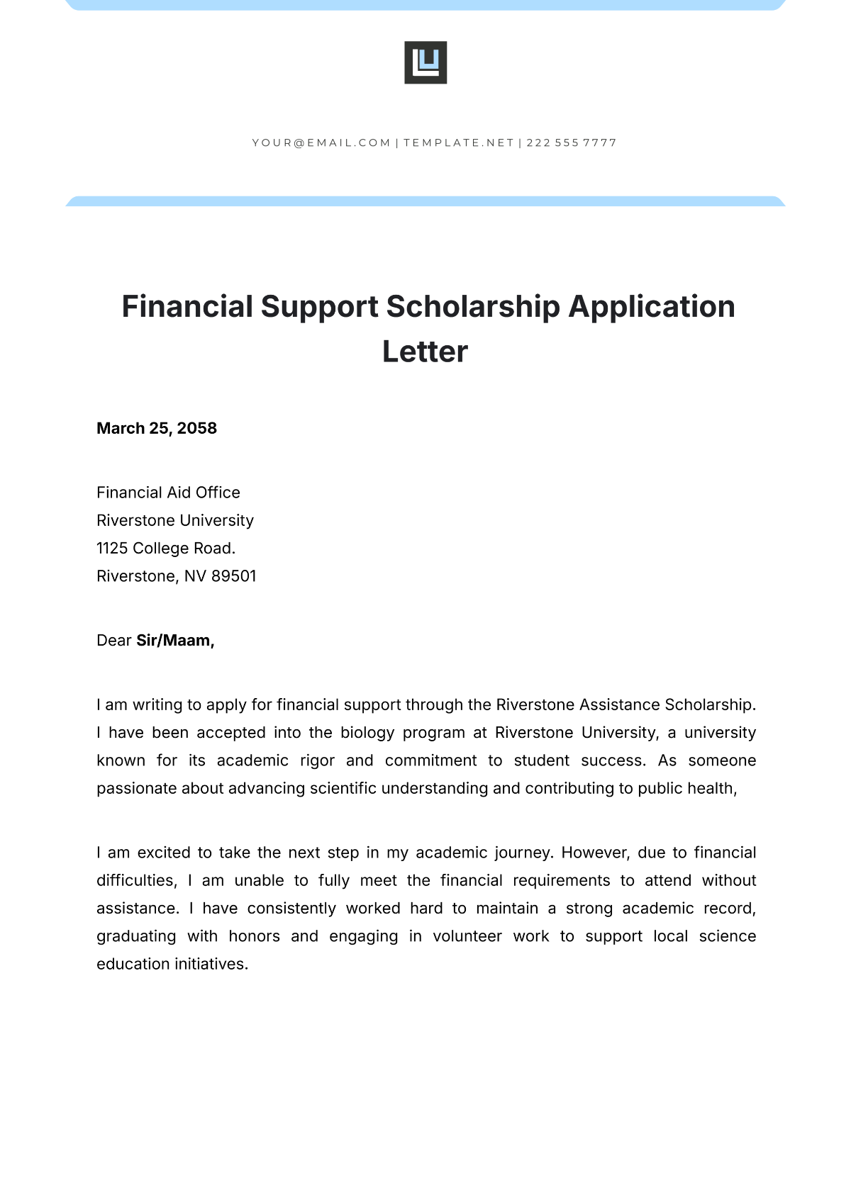 Financial Support  Scholarship Application Letter Template