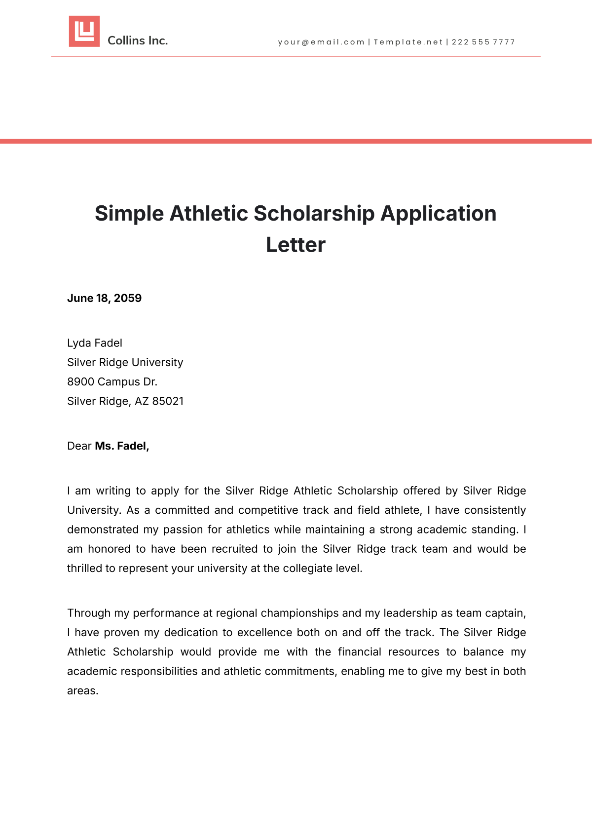 Simple Athletic  Scholarship Application Letter Template