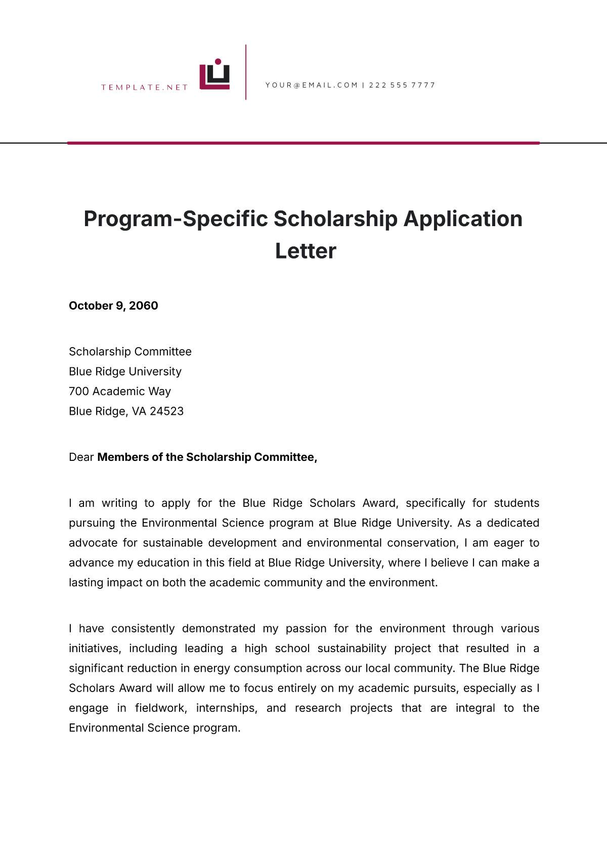 Program-Specific  Scholarship Application Letter Template