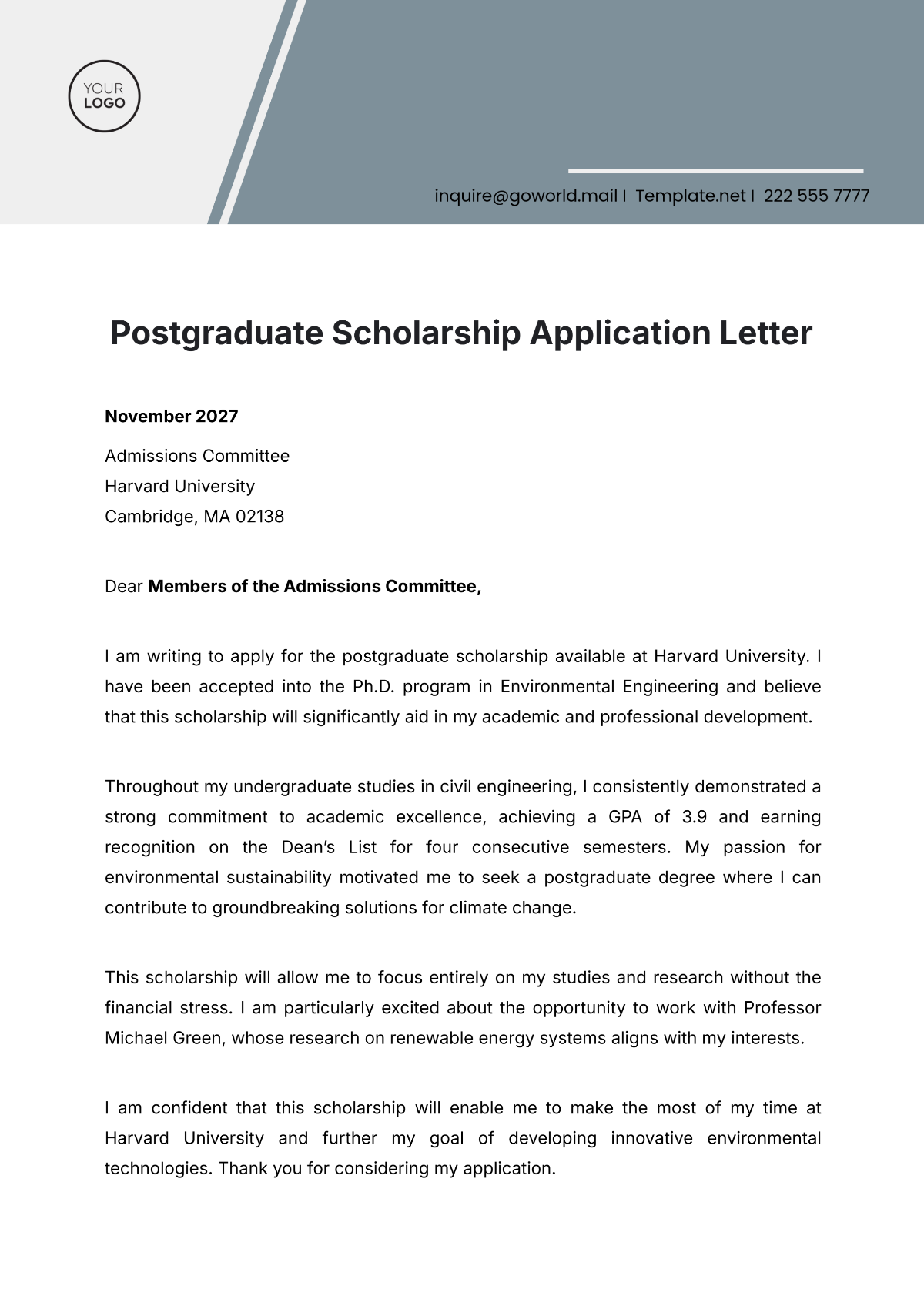 Postgraduate Scholarship Application Letter Template