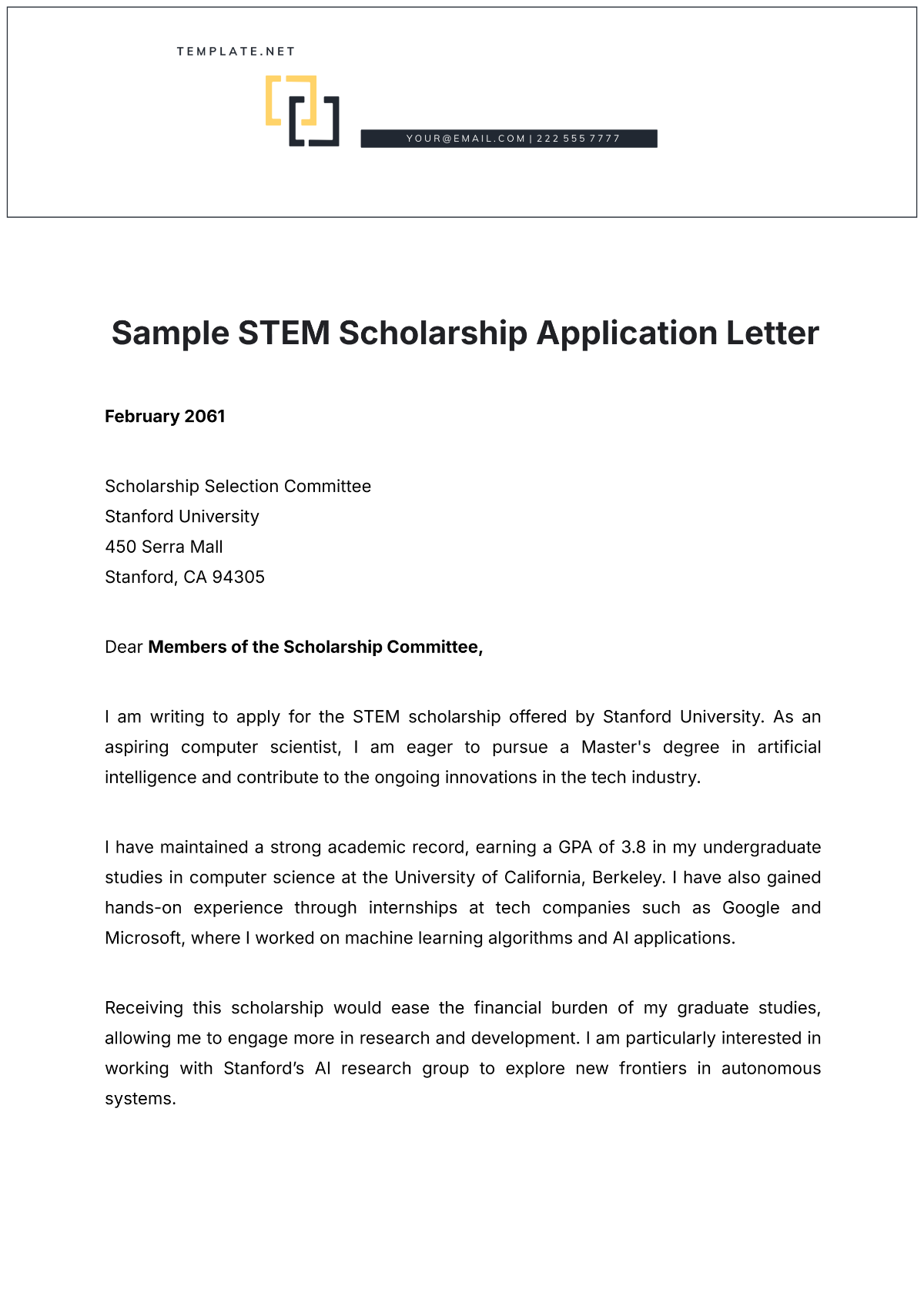 Sample STEM Scholarship Application Letter Template