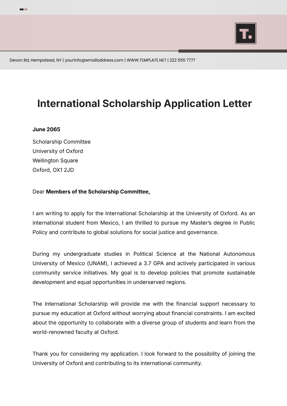 International Scholarship Application Letter Template