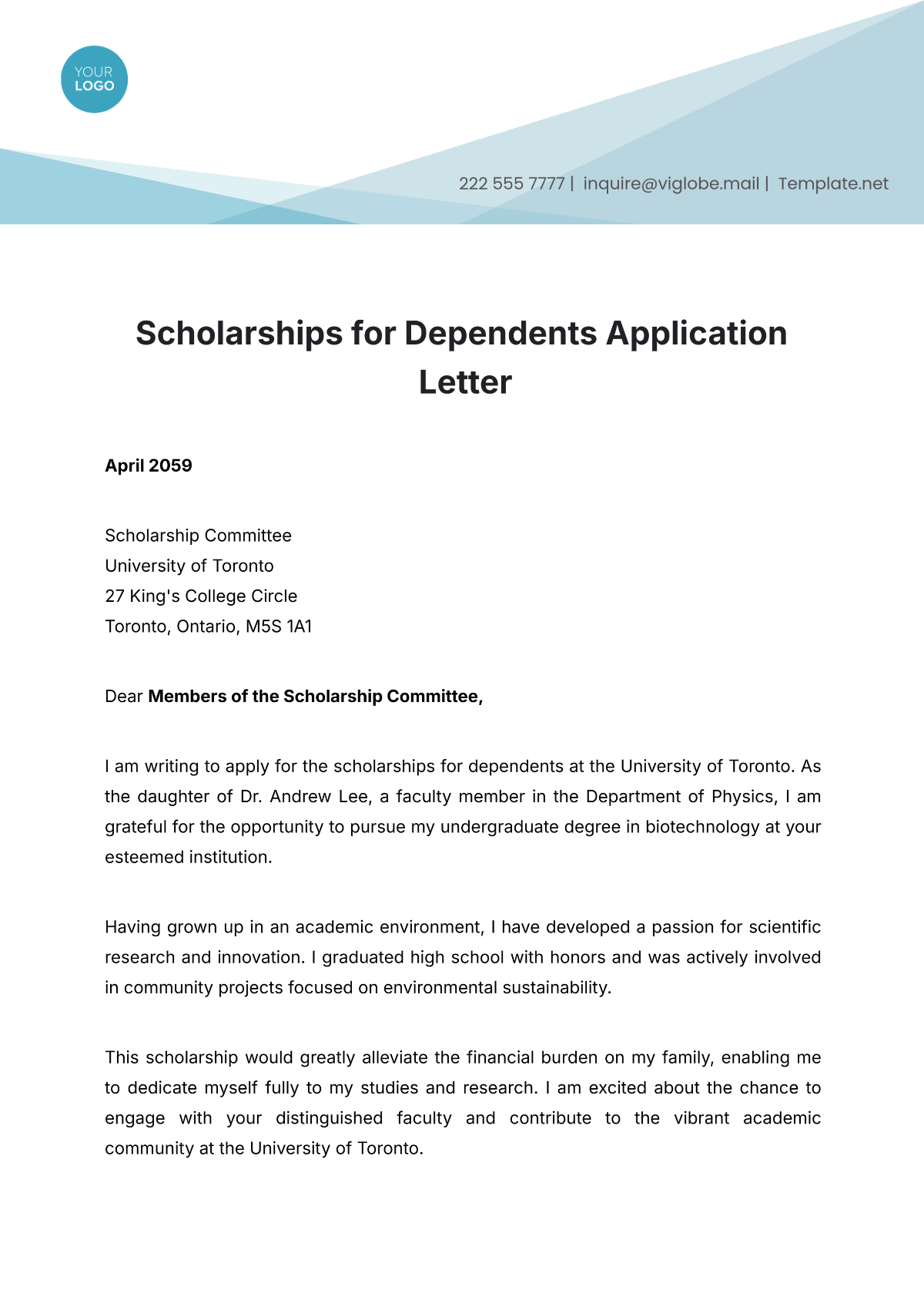 Scholarships for Dependents Application Letter Template