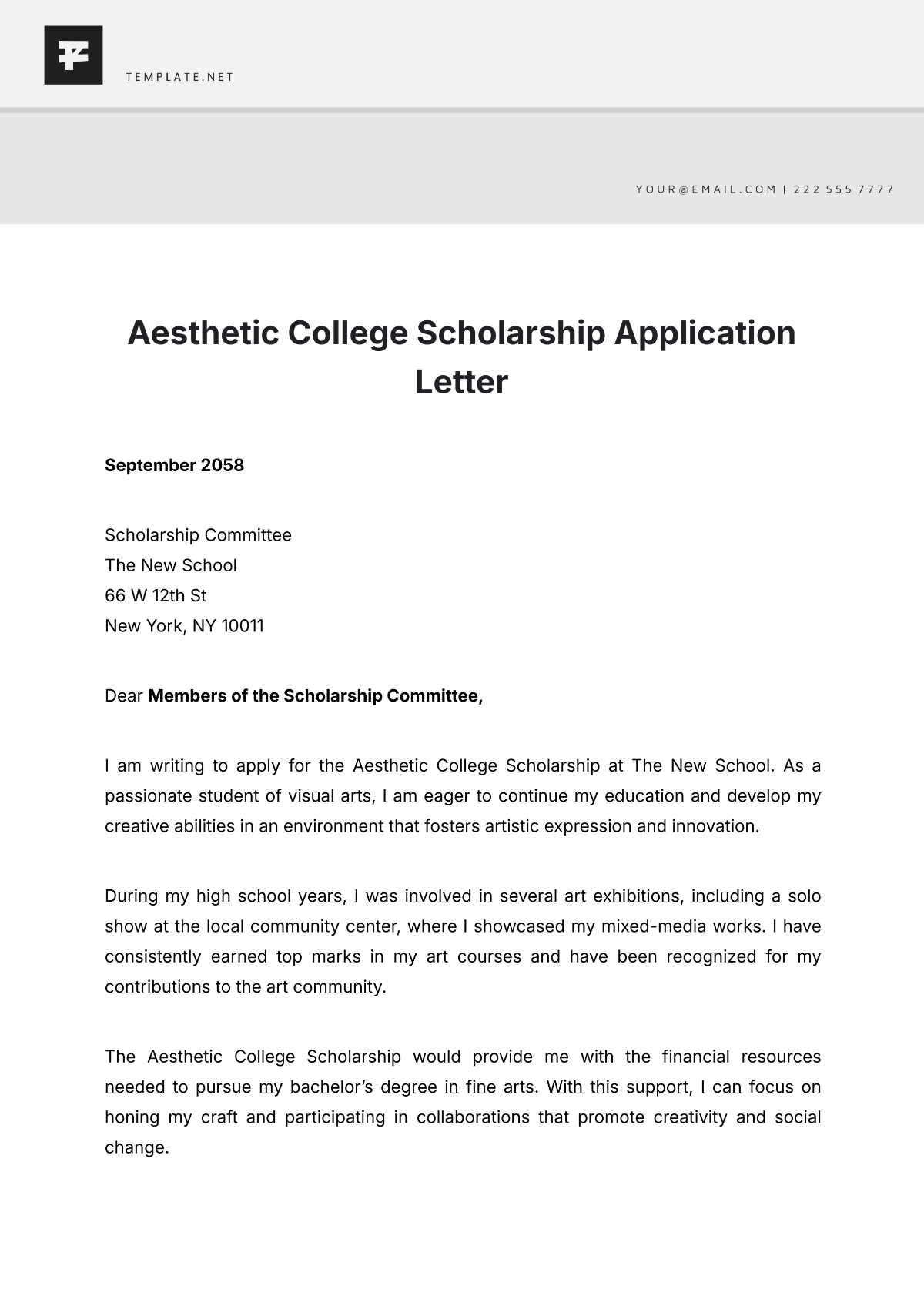 Aesthetic College Scholarship Application Letter Template