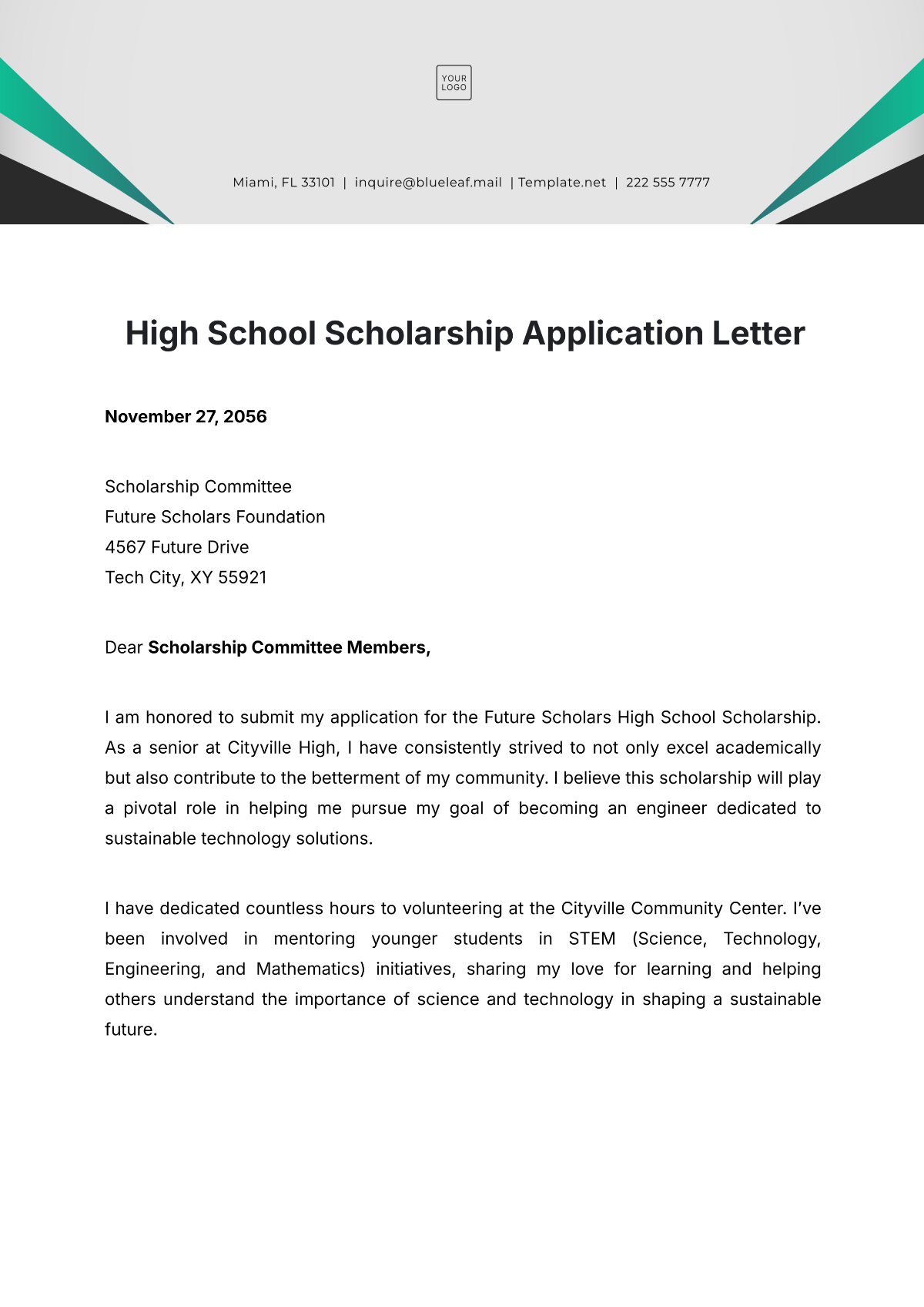 High School Scholarship Application Letter Template