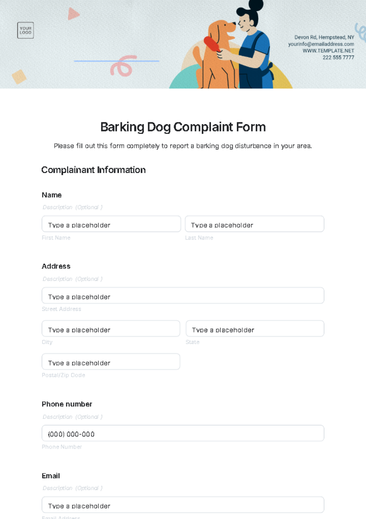 Barking Dog Complaint Form Template