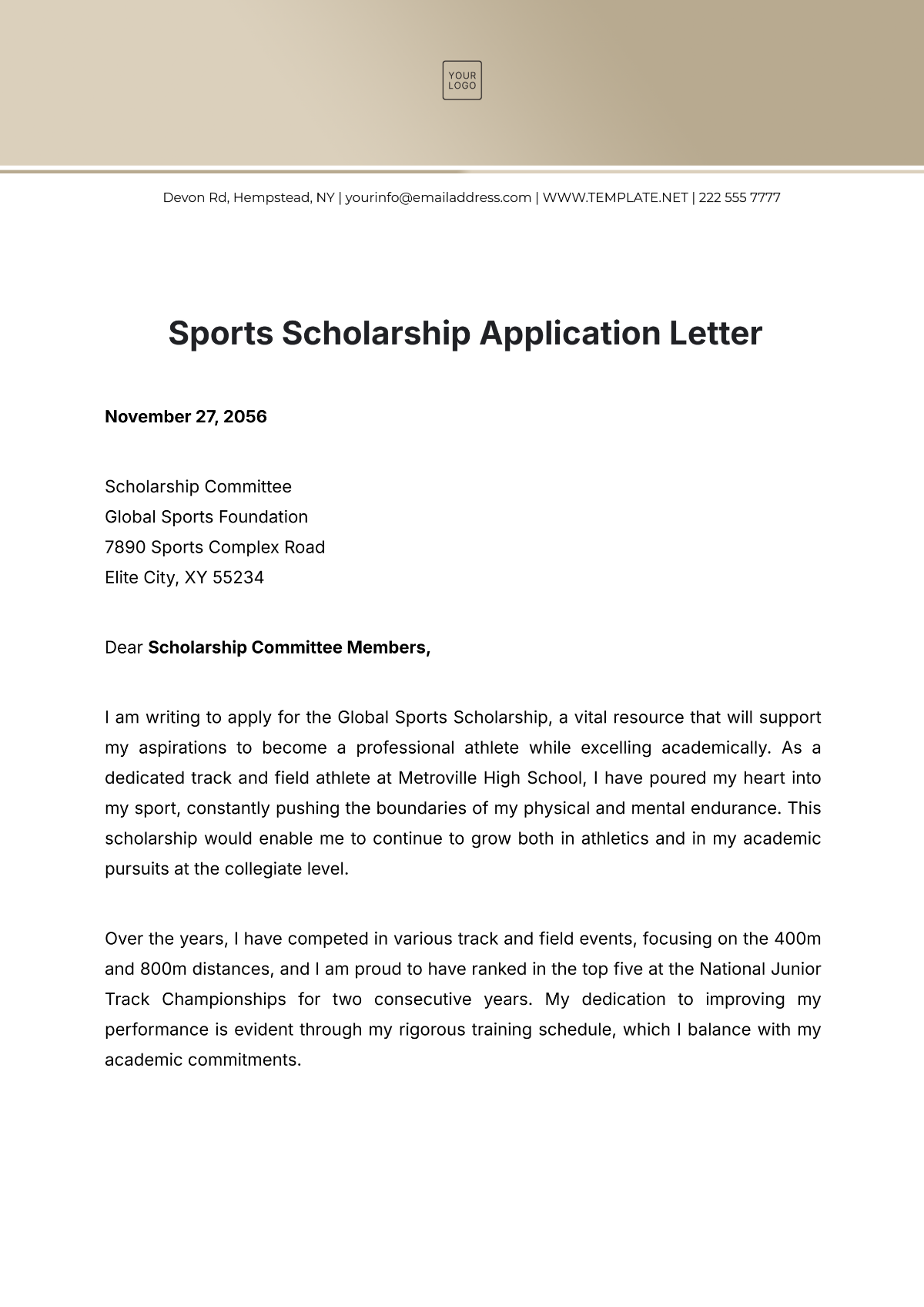 Sports Scholarship Application Letter Template