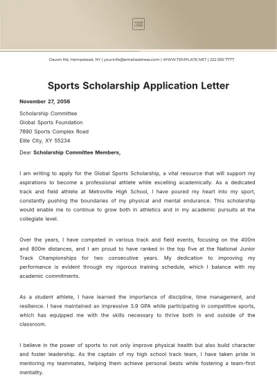 Free Sports Scholarship Application Letter Template to Edit Online