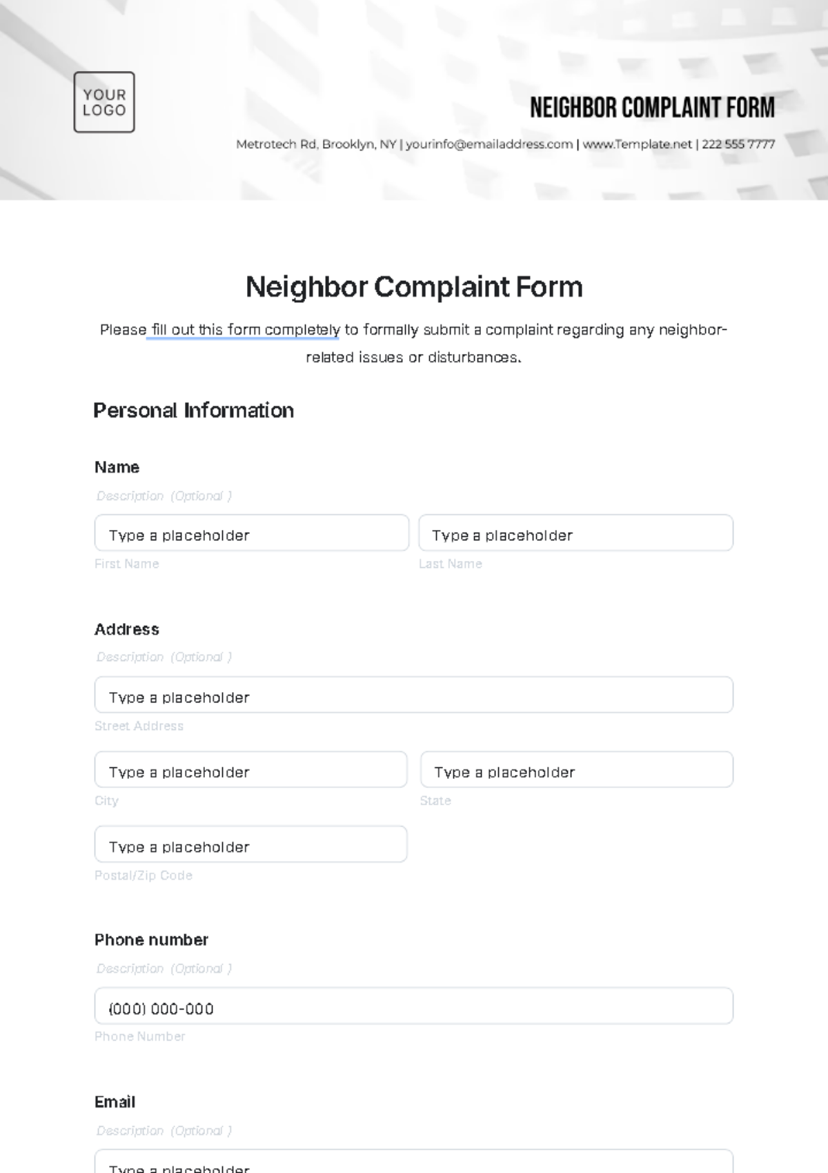 Neighbor Complaint Form Template