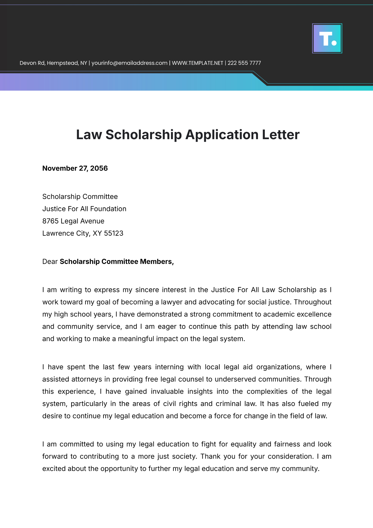 Law Scholarship Application Letter Template