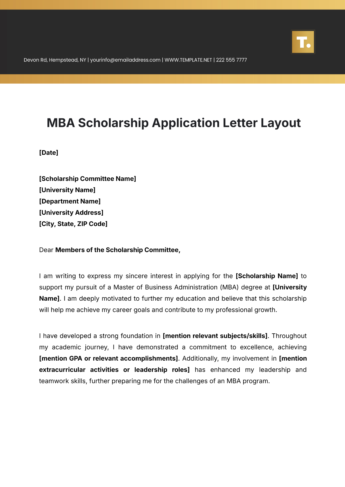 MBA Scholarship Application Letter Layout Template