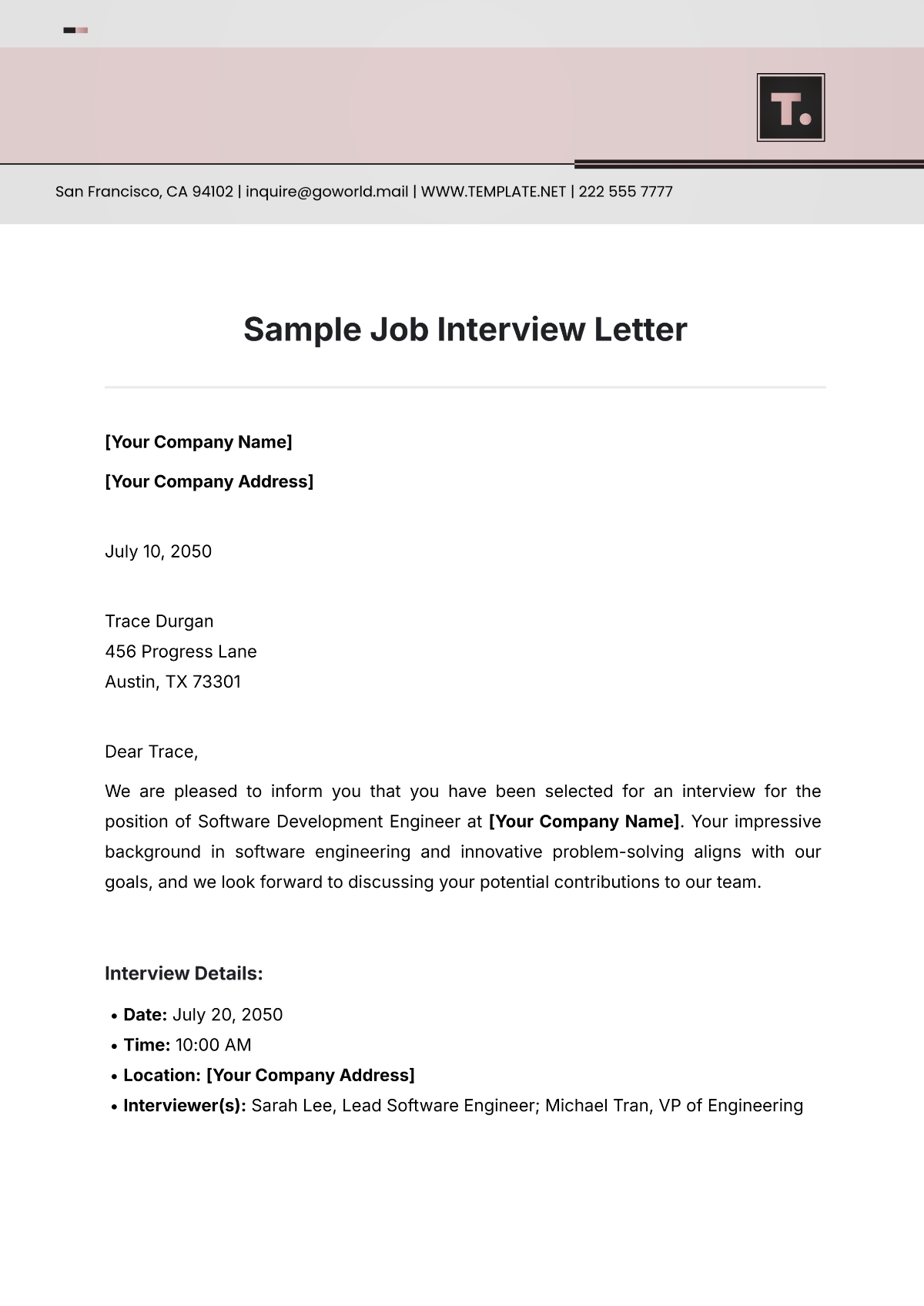 Sample Job Interview Letter Template