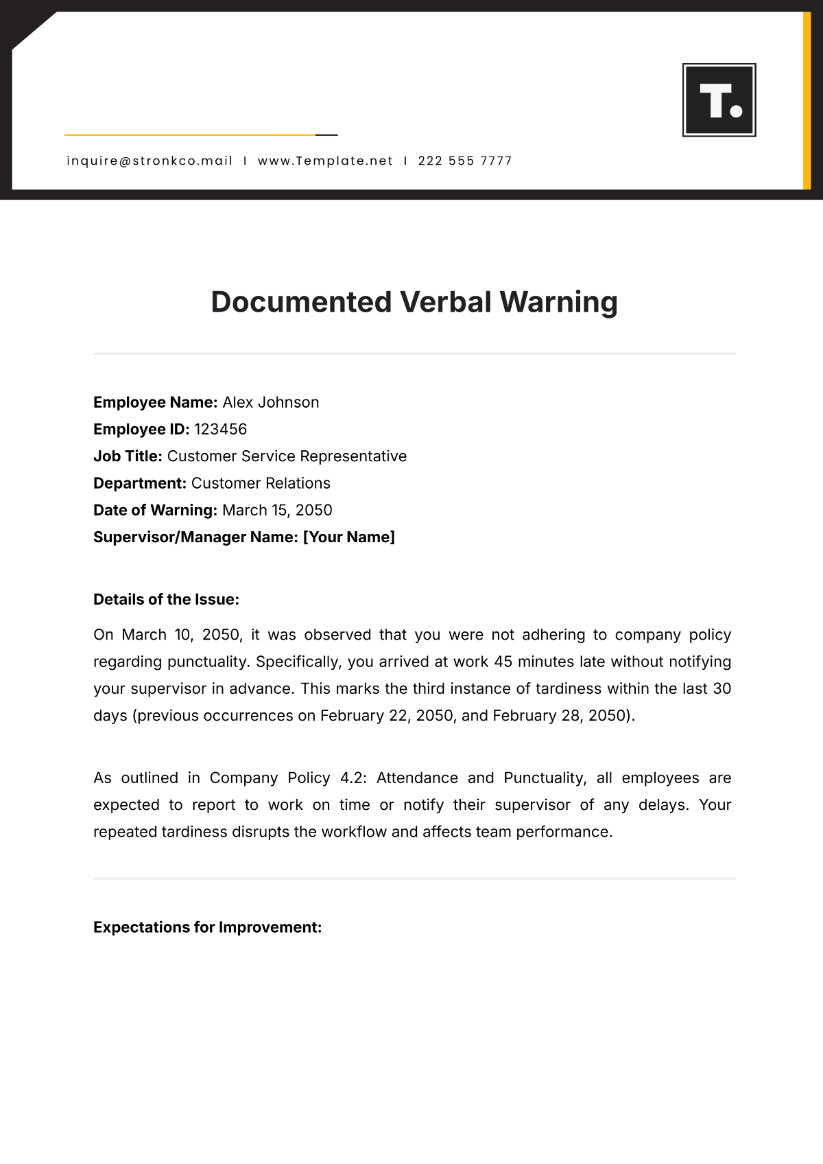 Documented Verbal Warning Template - Edit Online & Download