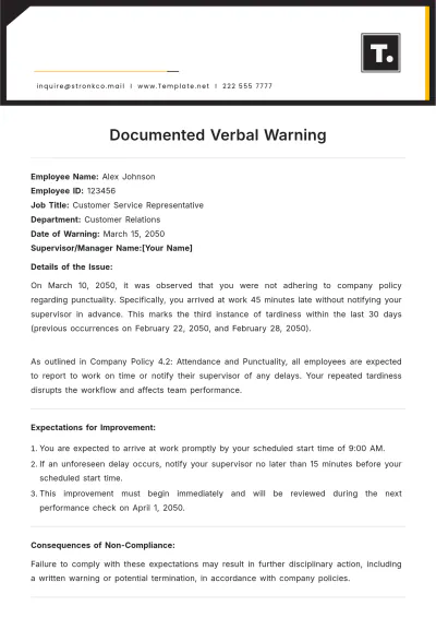 Free Documented Verbal Warning Template to Edit Online