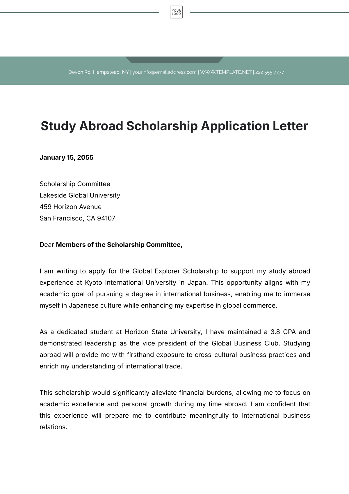 Study Abroad Scholarship Application Letter Template