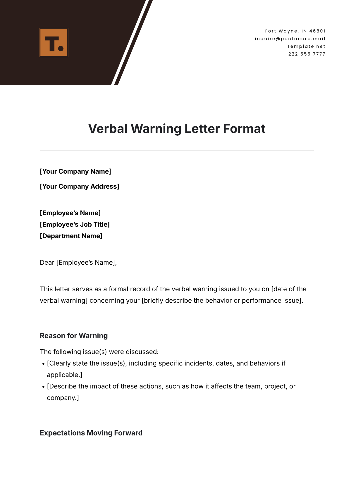 Verbal Warning Letter Format Template