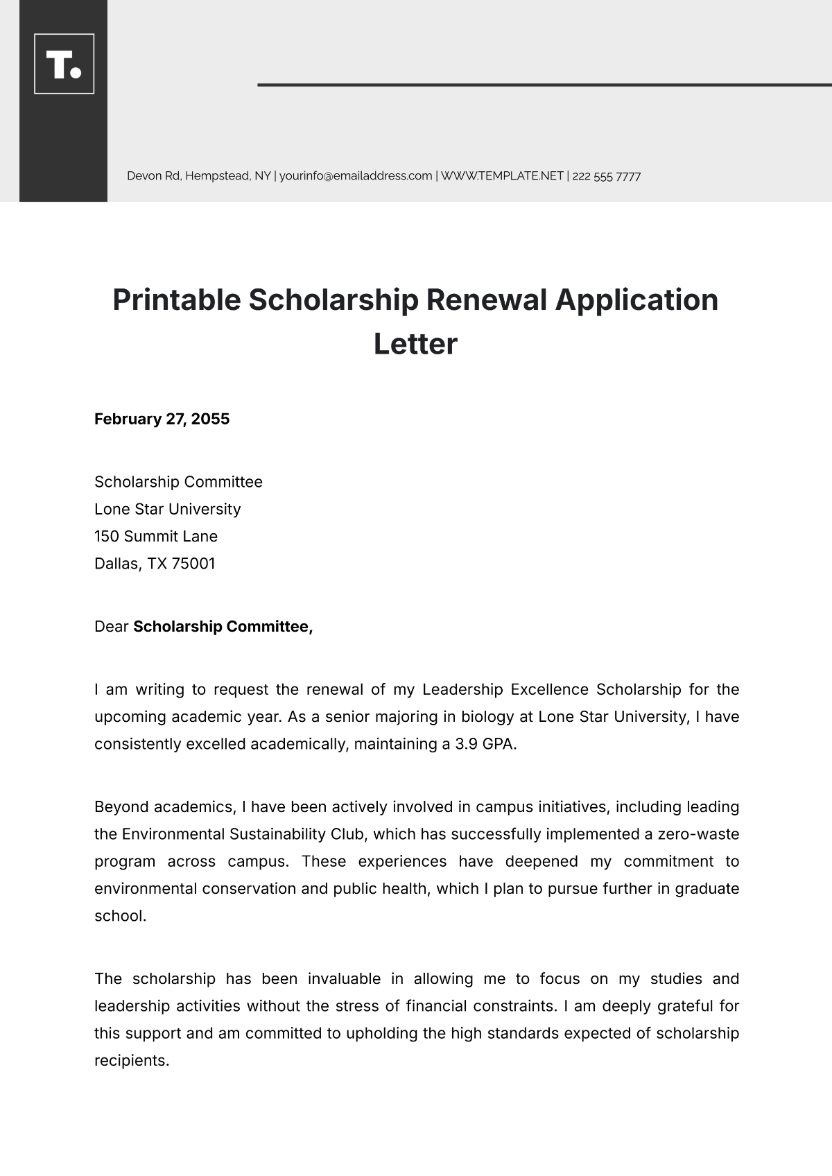 Printable Scholarship Renewal Application Letter Template