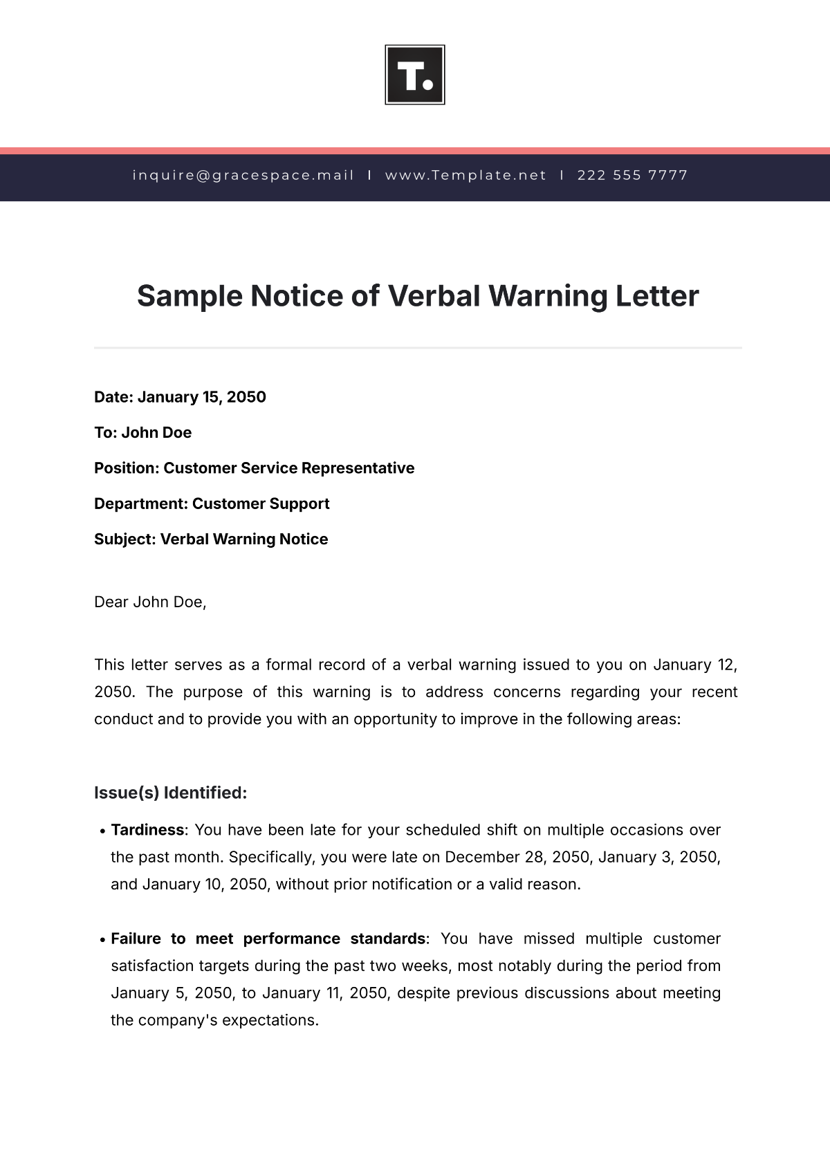 Sample Notice of Verbal Warning Letter Template