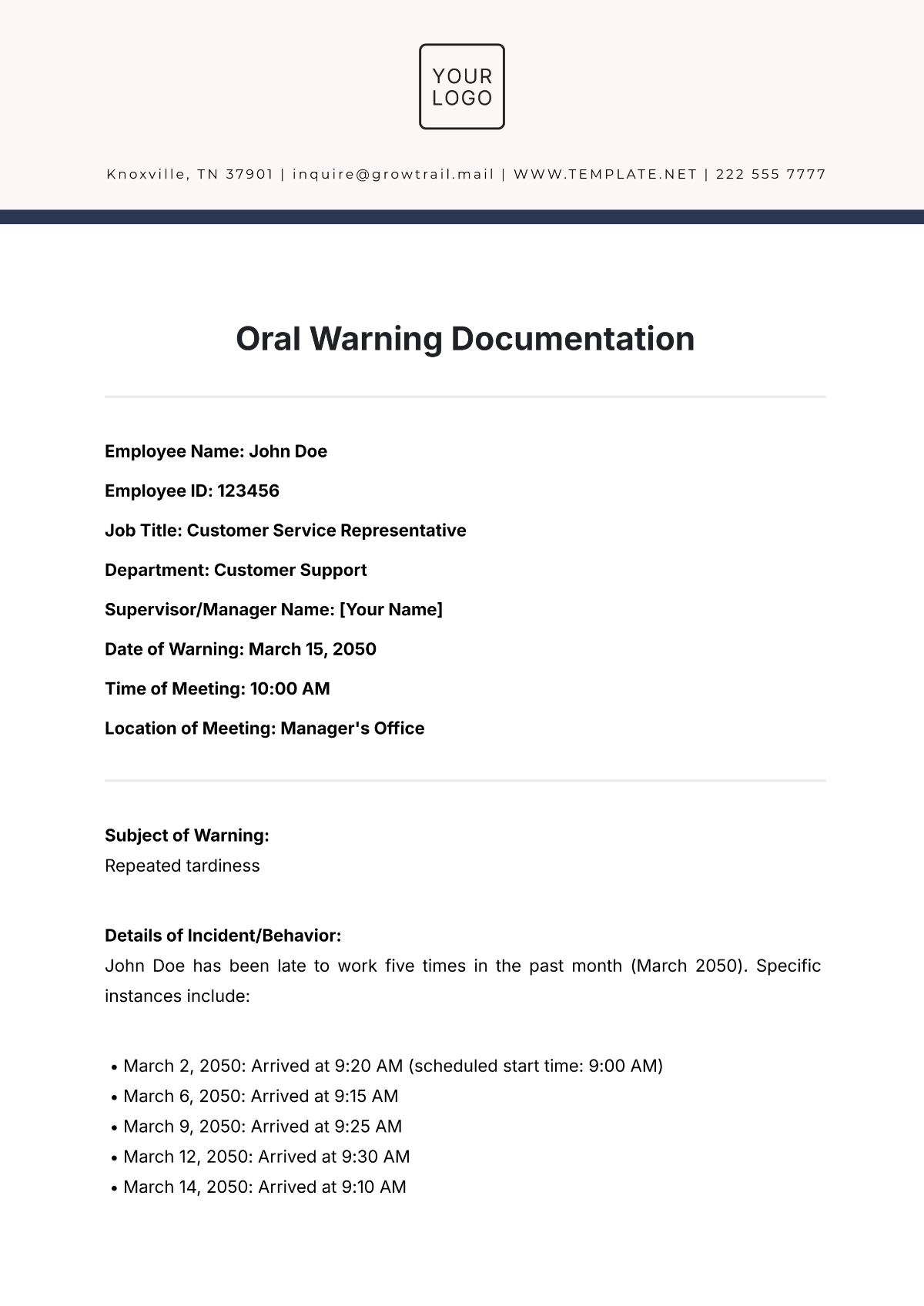 Oral Warning Documentation Template - Edit Online & Download