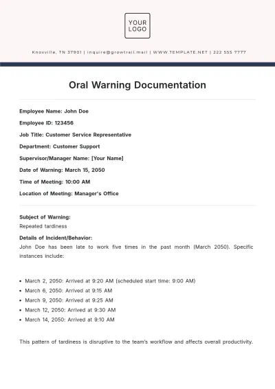 Free Oral Warning Documentation Template to Edit Online