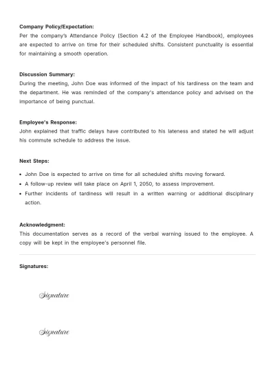 Free Oral Warning Documentation Template to Edit Online