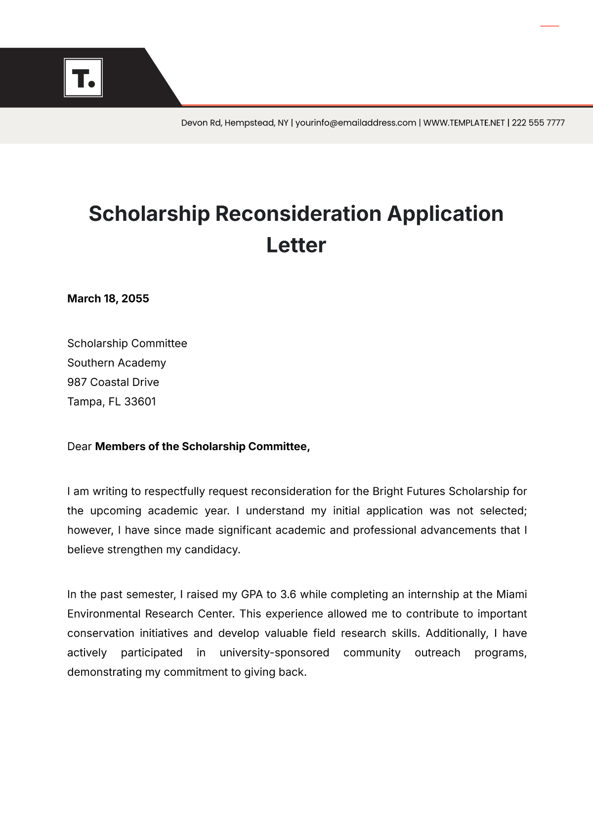 Scholarship Reconsideration Application Letter Template