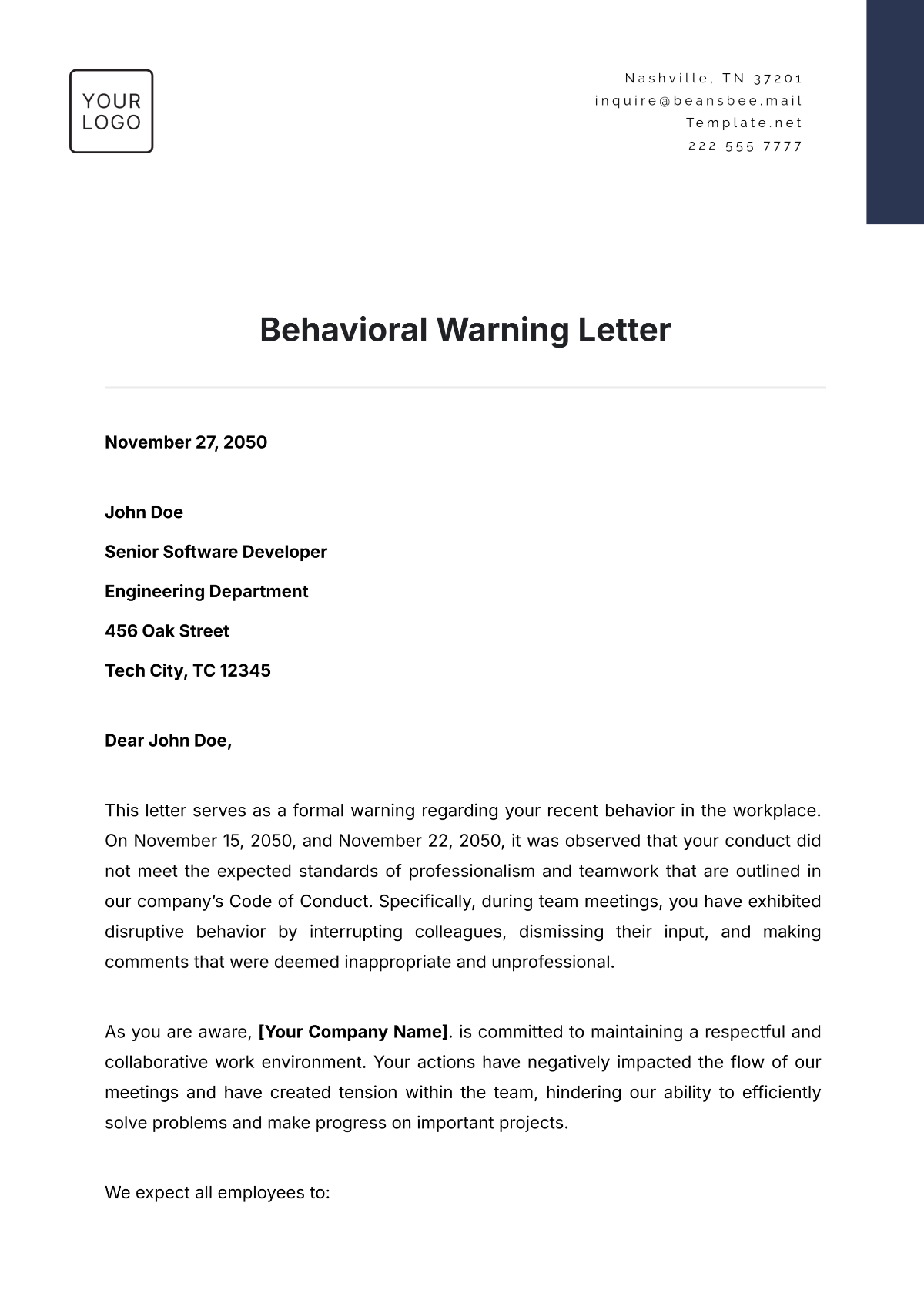 Behavioral Warning Letter Template