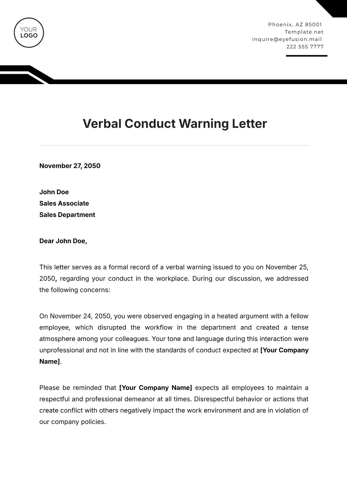 Verbal Conduct Warning Letter Template