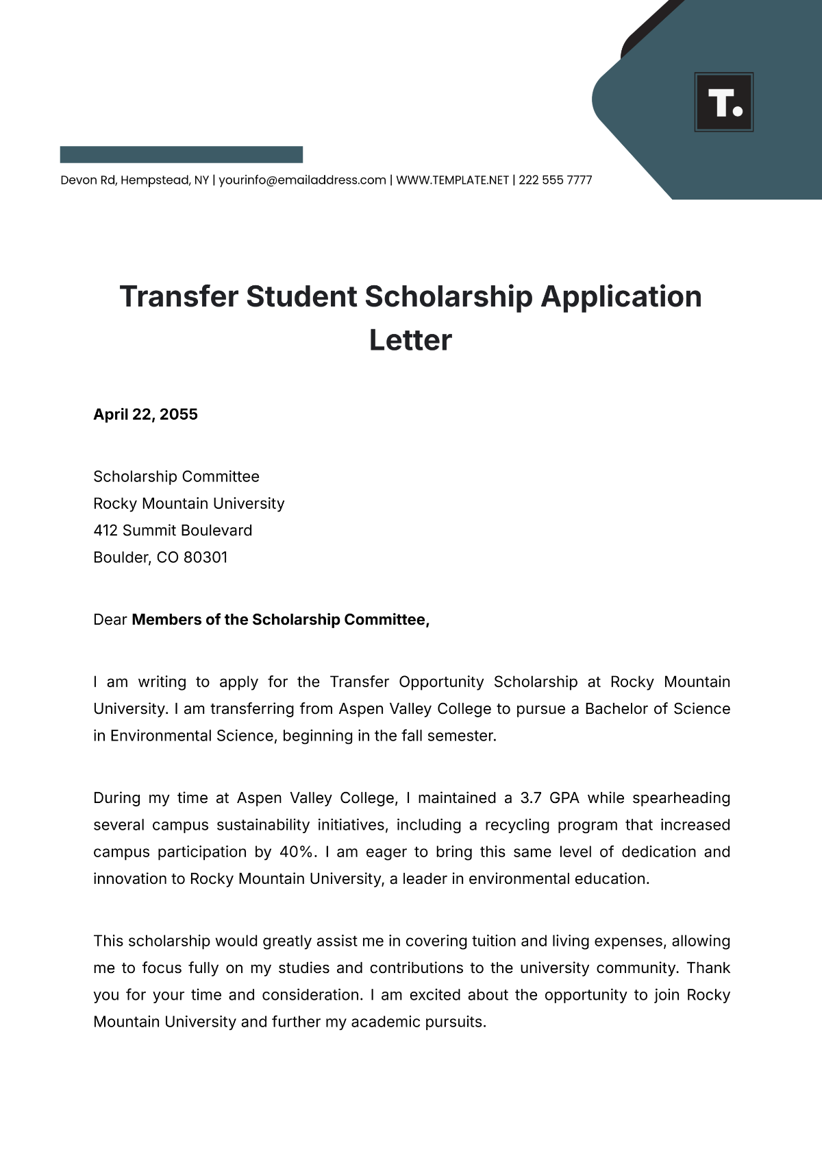 Transfer Student Scholarship Application Letter Template