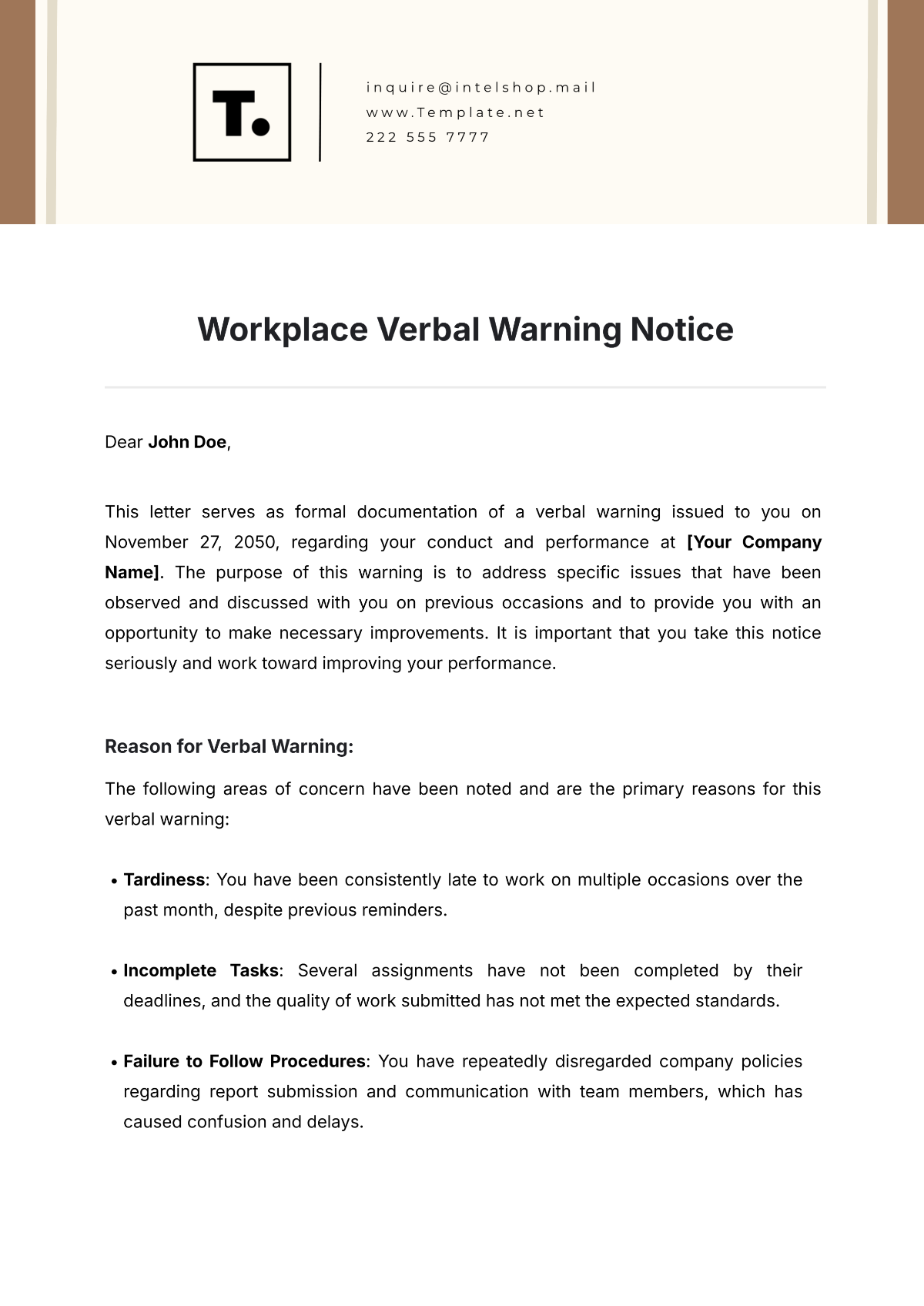 Workplace Verbal Warning Notice Template - Edit Online & Download