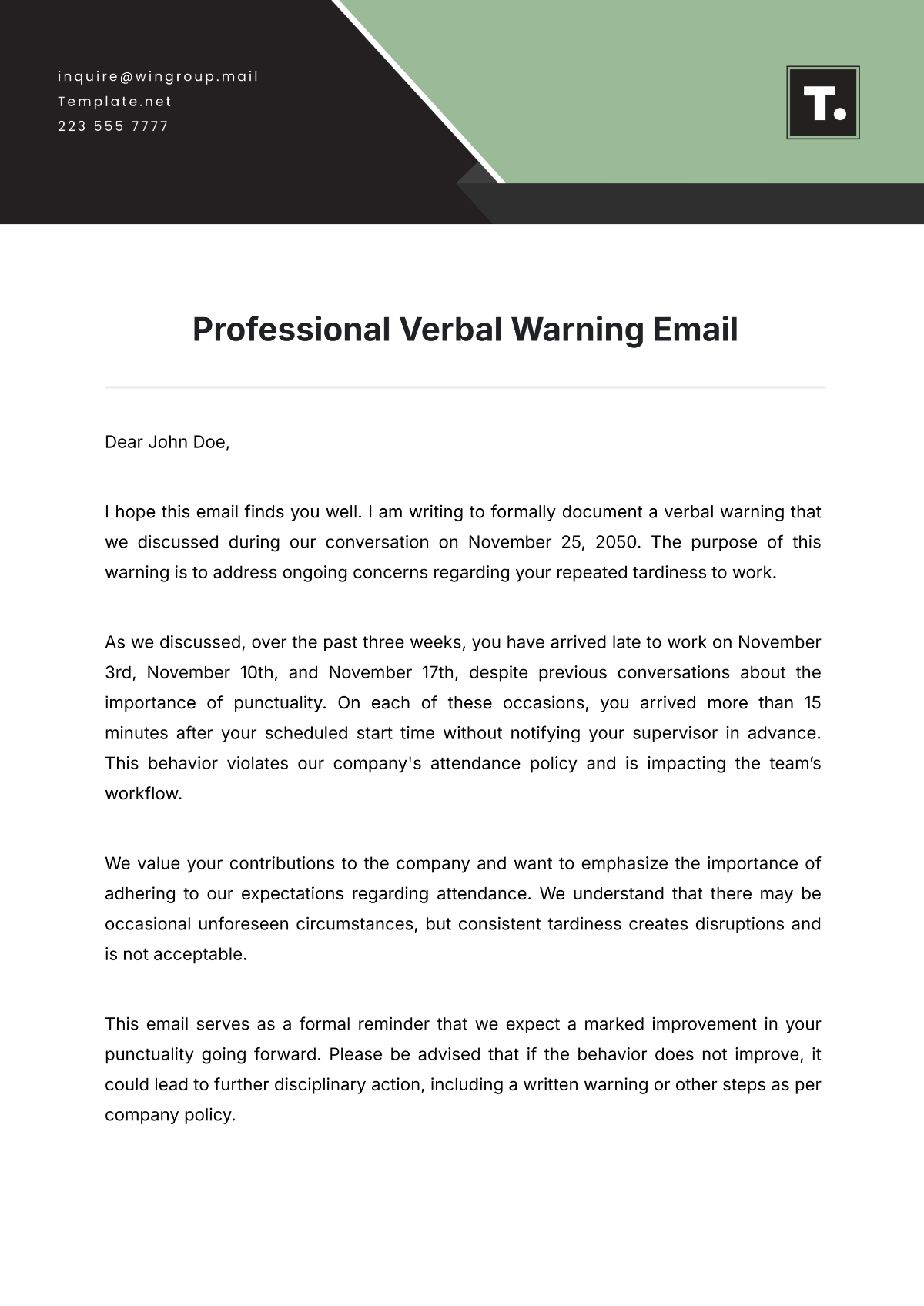 Professional Verbal Warning Email Letter Template