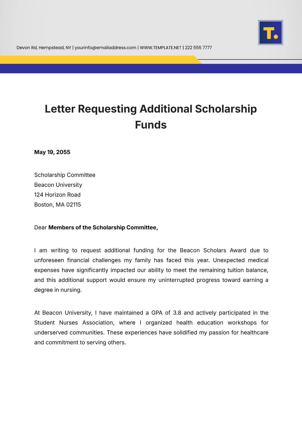 Letter Requesting Additional Scholarship Funds Template