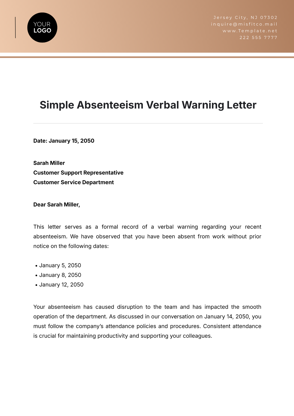 Simple Absenteeism Verbal Warning Letter Template