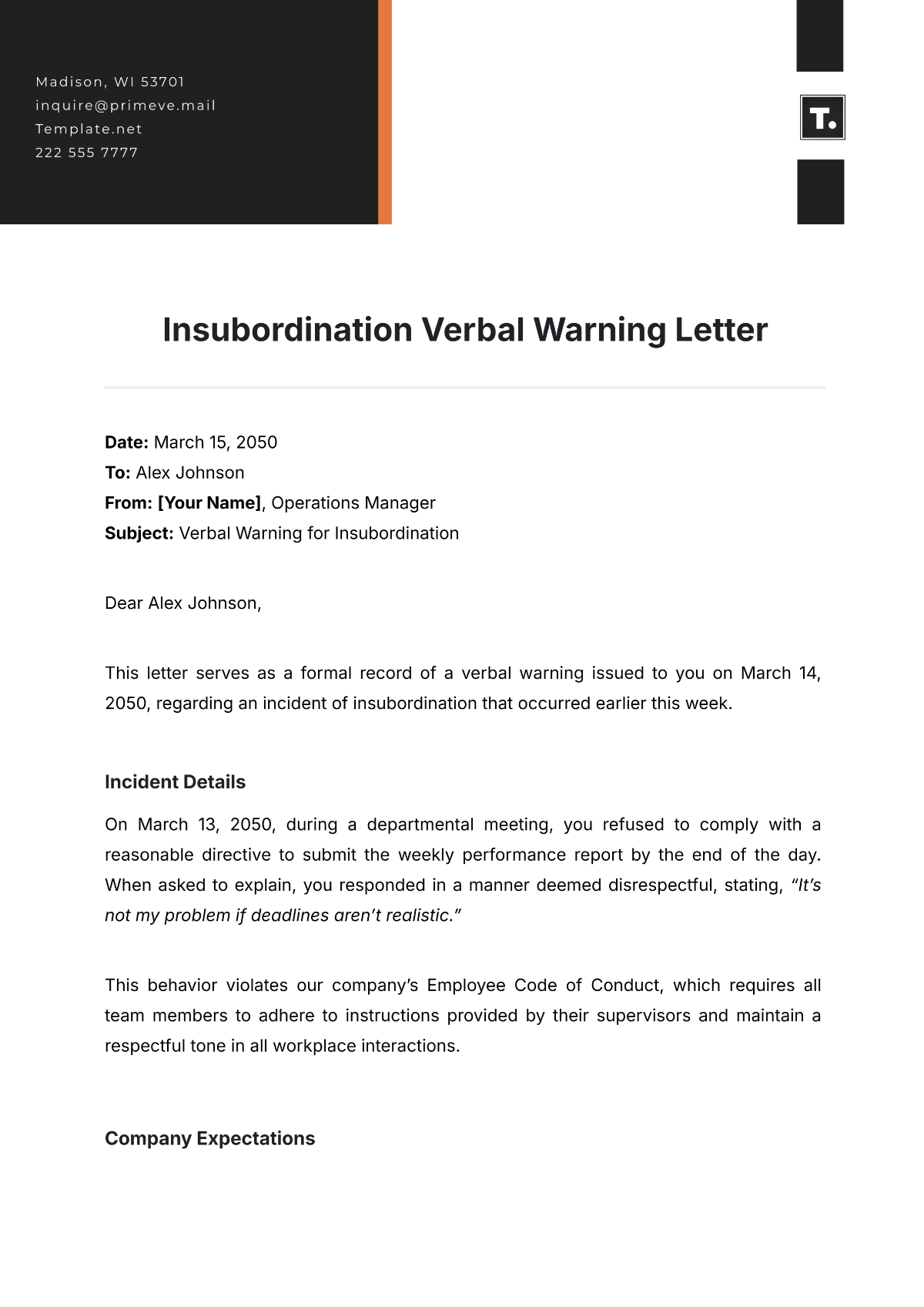 Insubordination Verbal Warning Letter Template