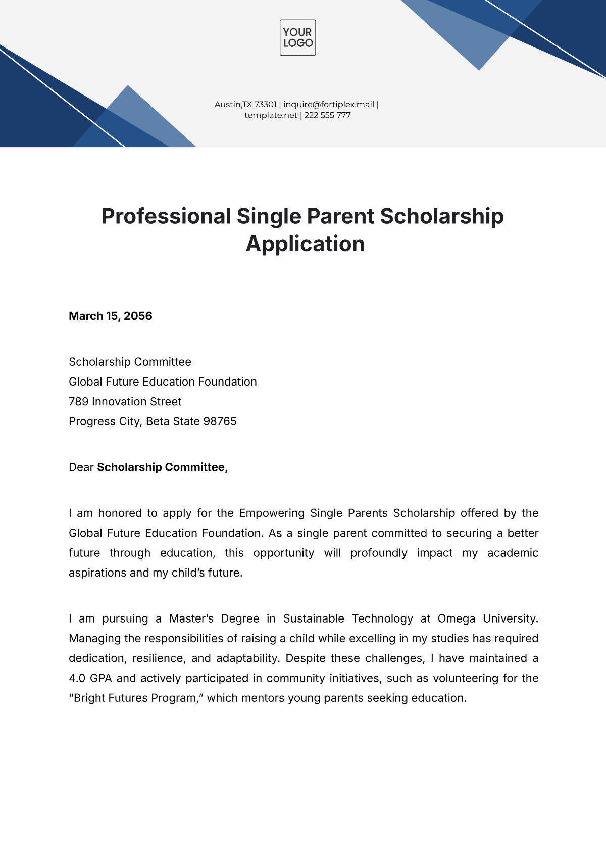 Professional Single Parent Scholarship Application Letter Template