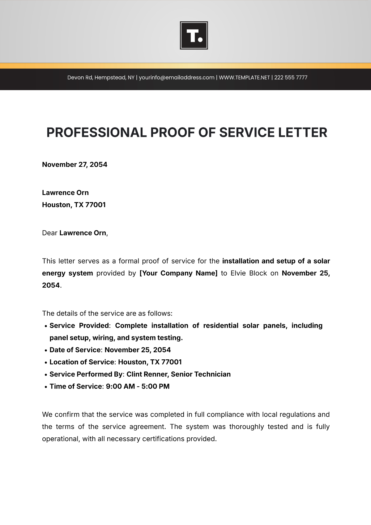 Professional Proof of Service Letter Template