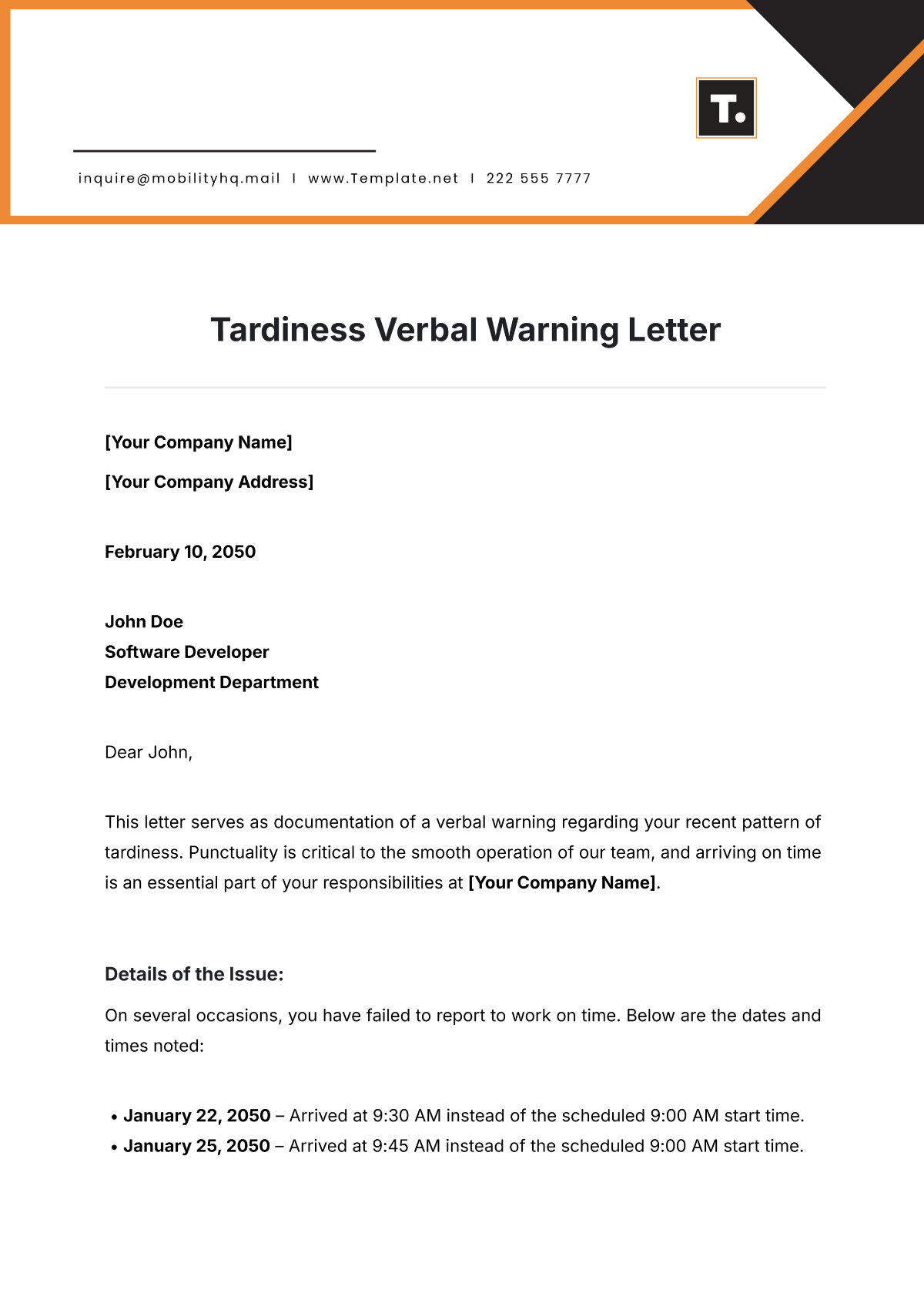 Tardiness Verbal Warning Letter Template - Edit Online & Download