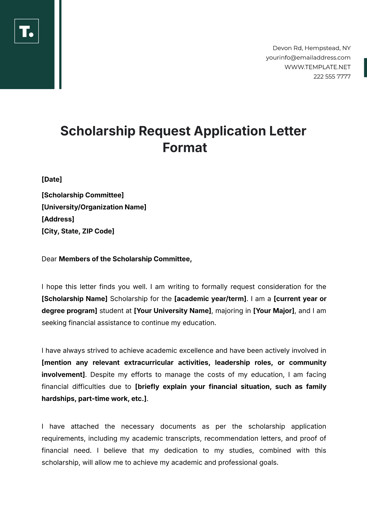 Scholarship Request Application Letter Format Template