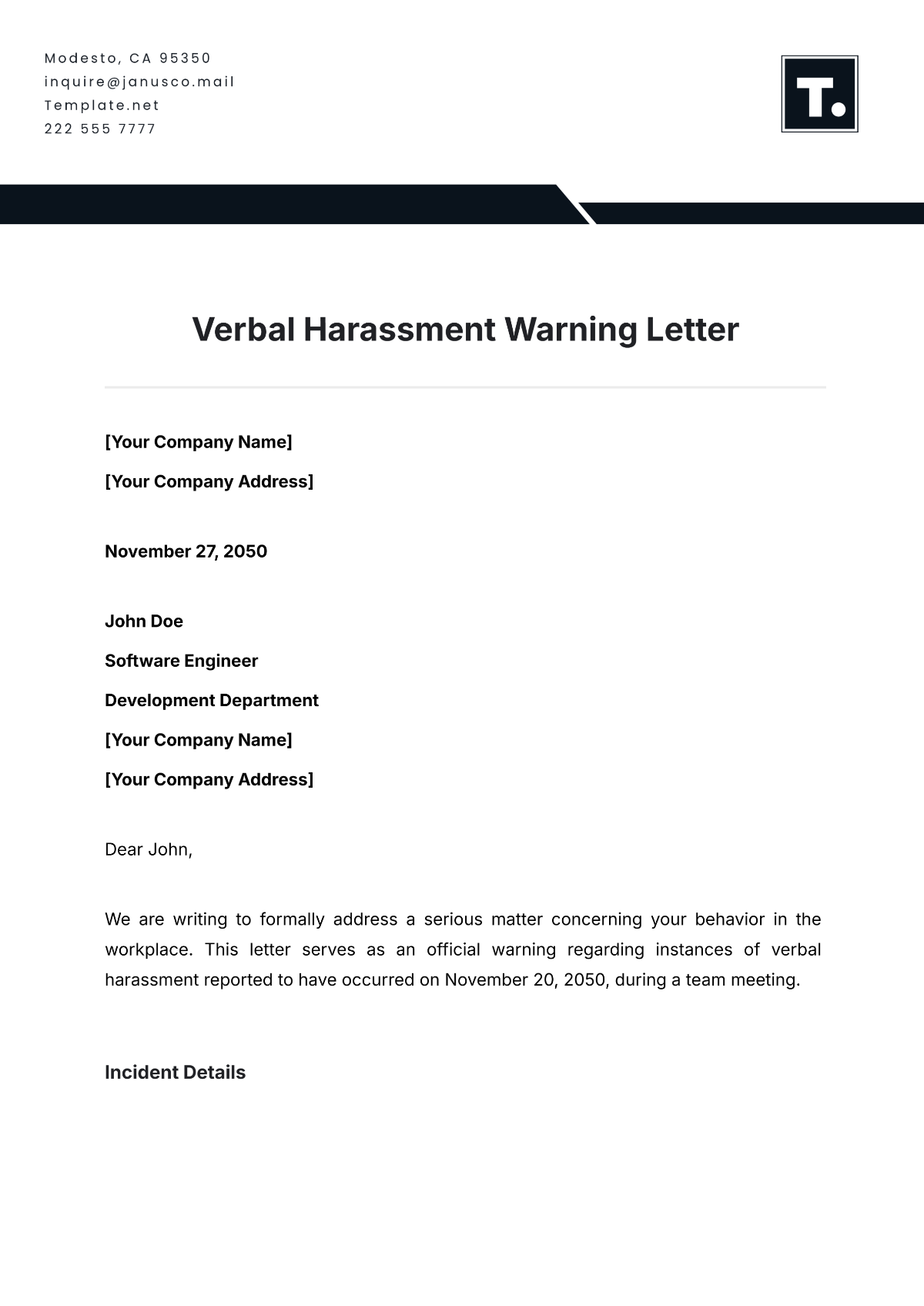 Verbal Harassment Warning Letter Template