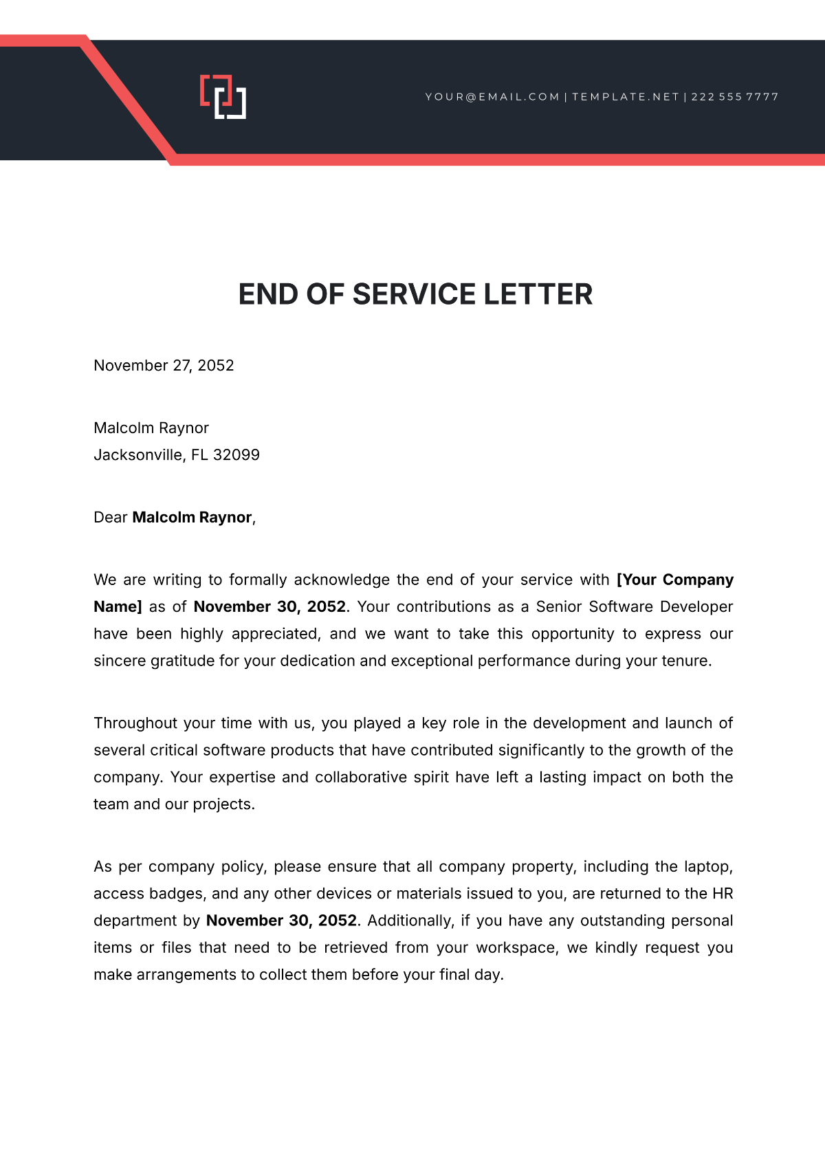 End of Service Letter Template