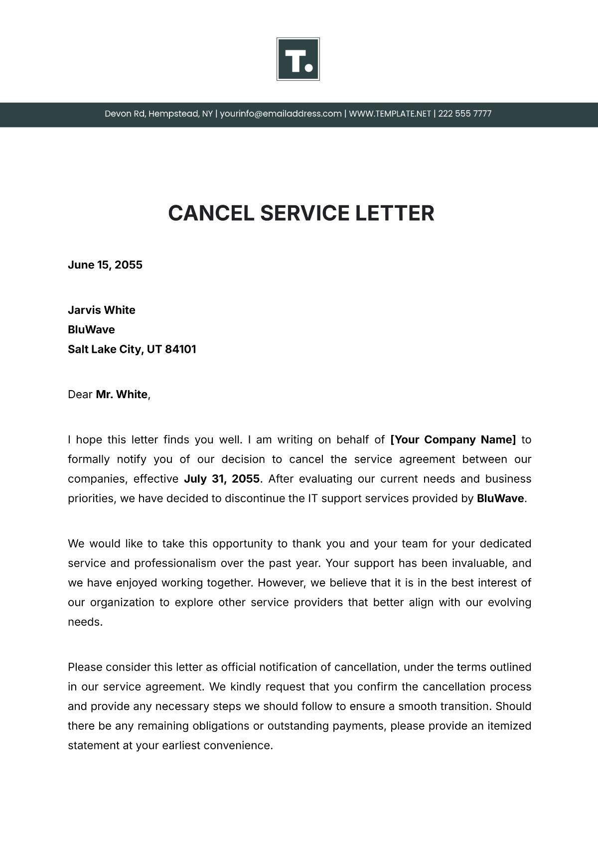 Cancel Service Letter Template - Edit Online & Download