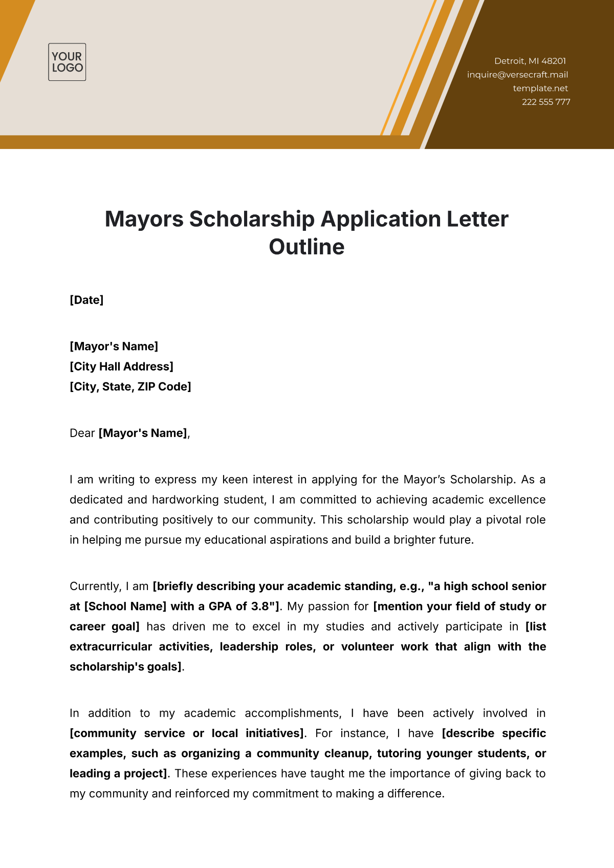 Mayor’s Scholarship Application Letter Outline Template - Edit Online & Download