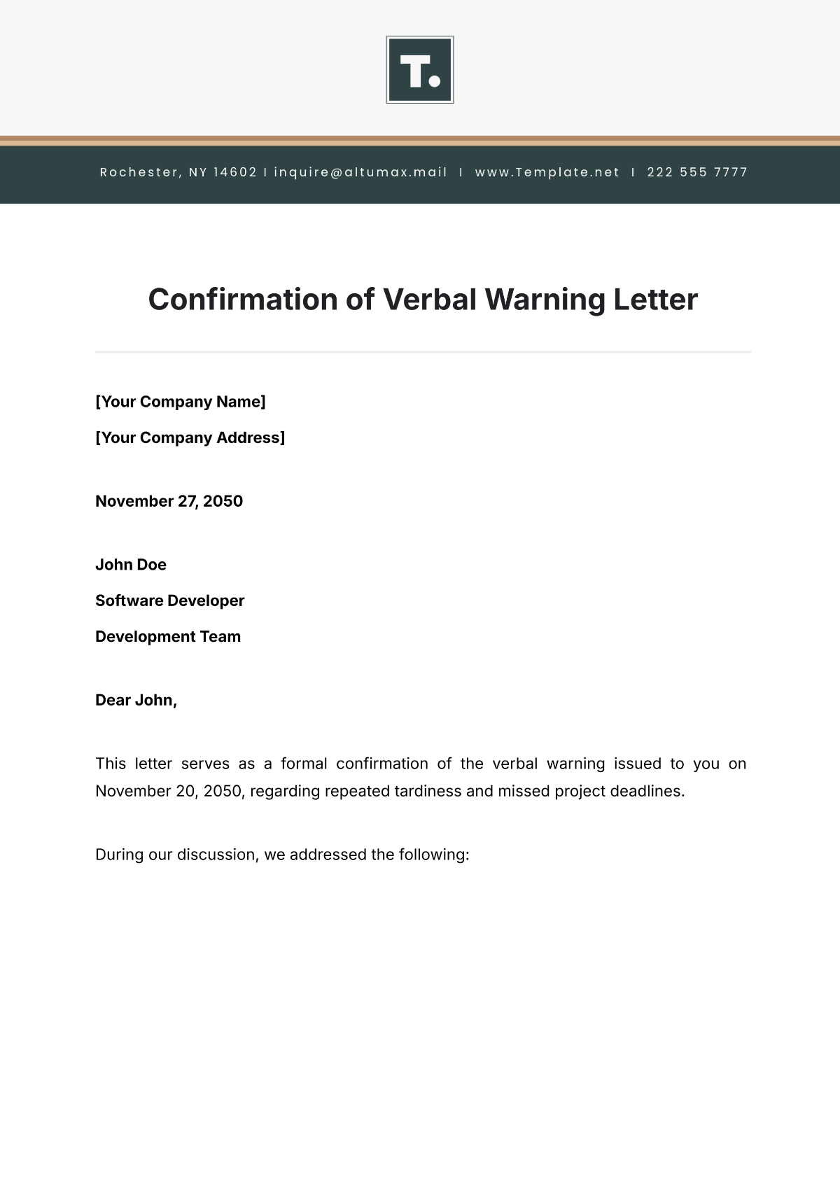 Confirmation of Verbal Warning Letter Template - Edit Online & Download