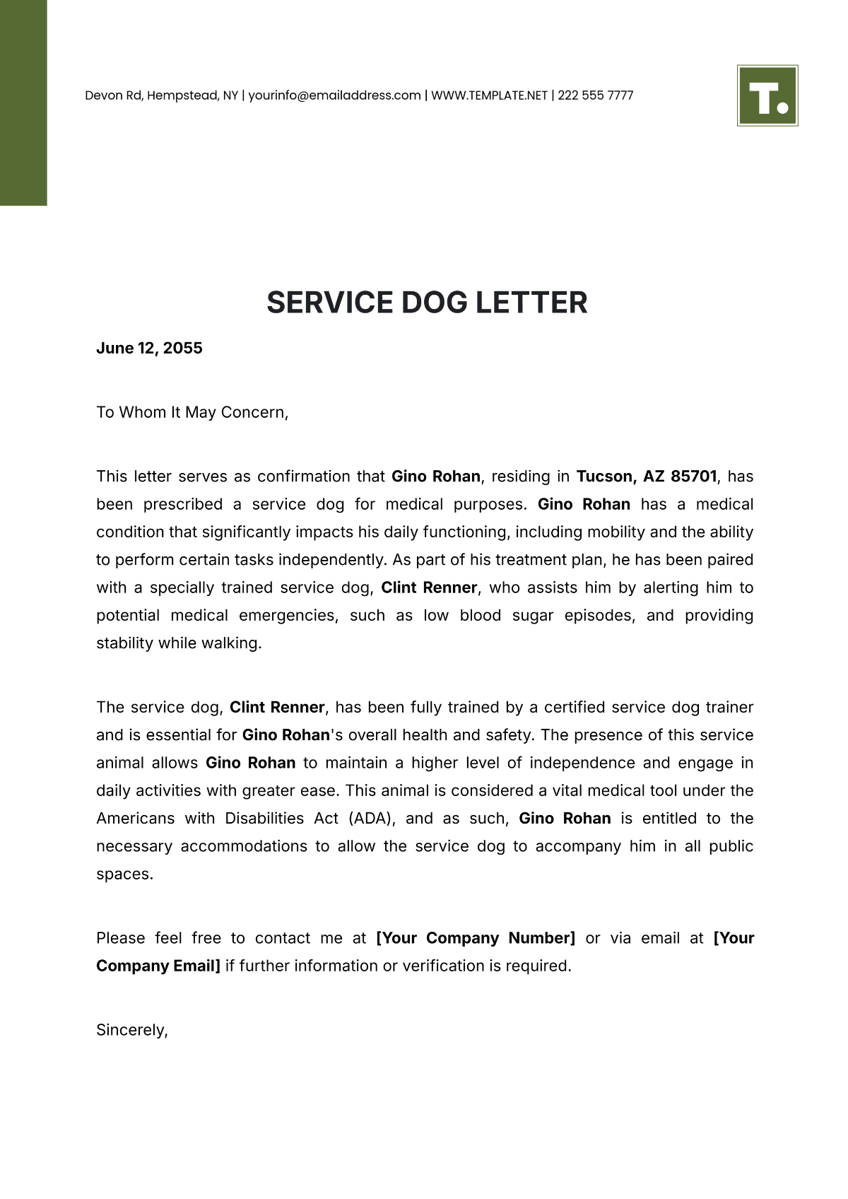 Service Dog Letter Template - Edit Online & Download