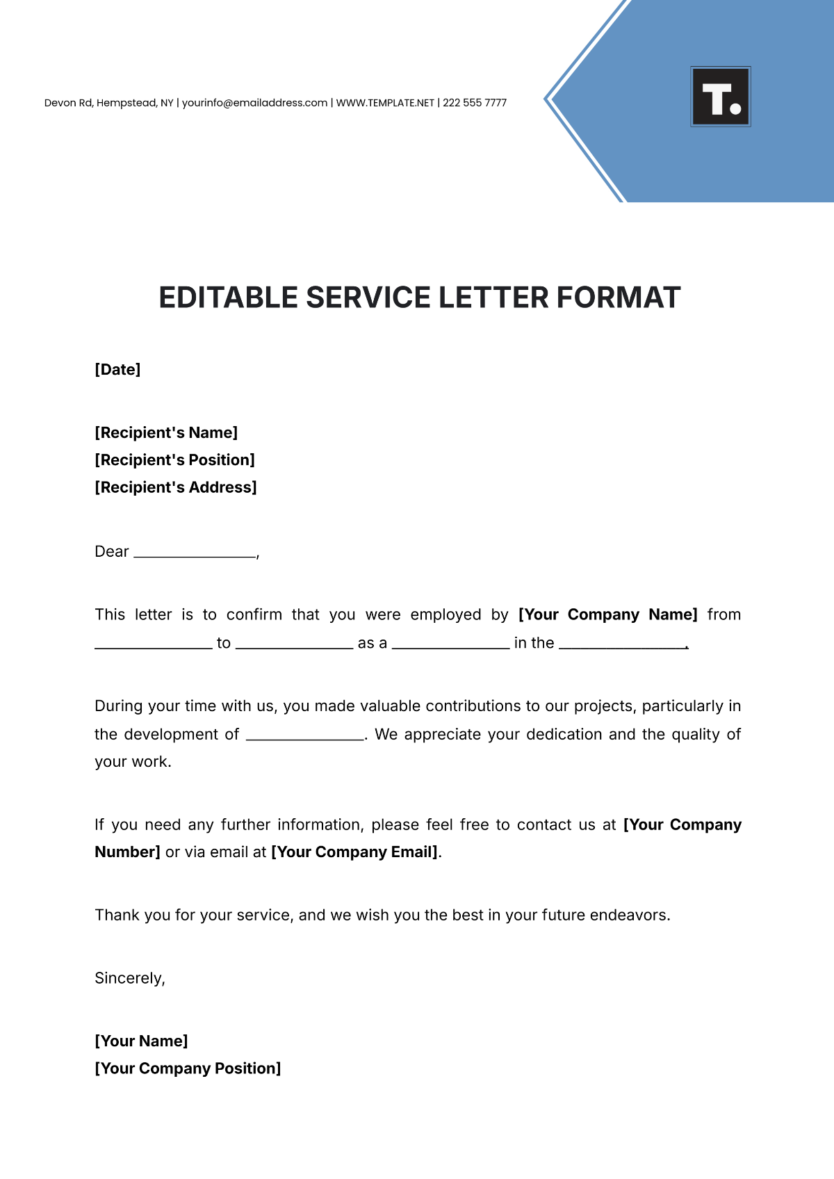 Editable Service Letter Format Template - Edit Online & Download