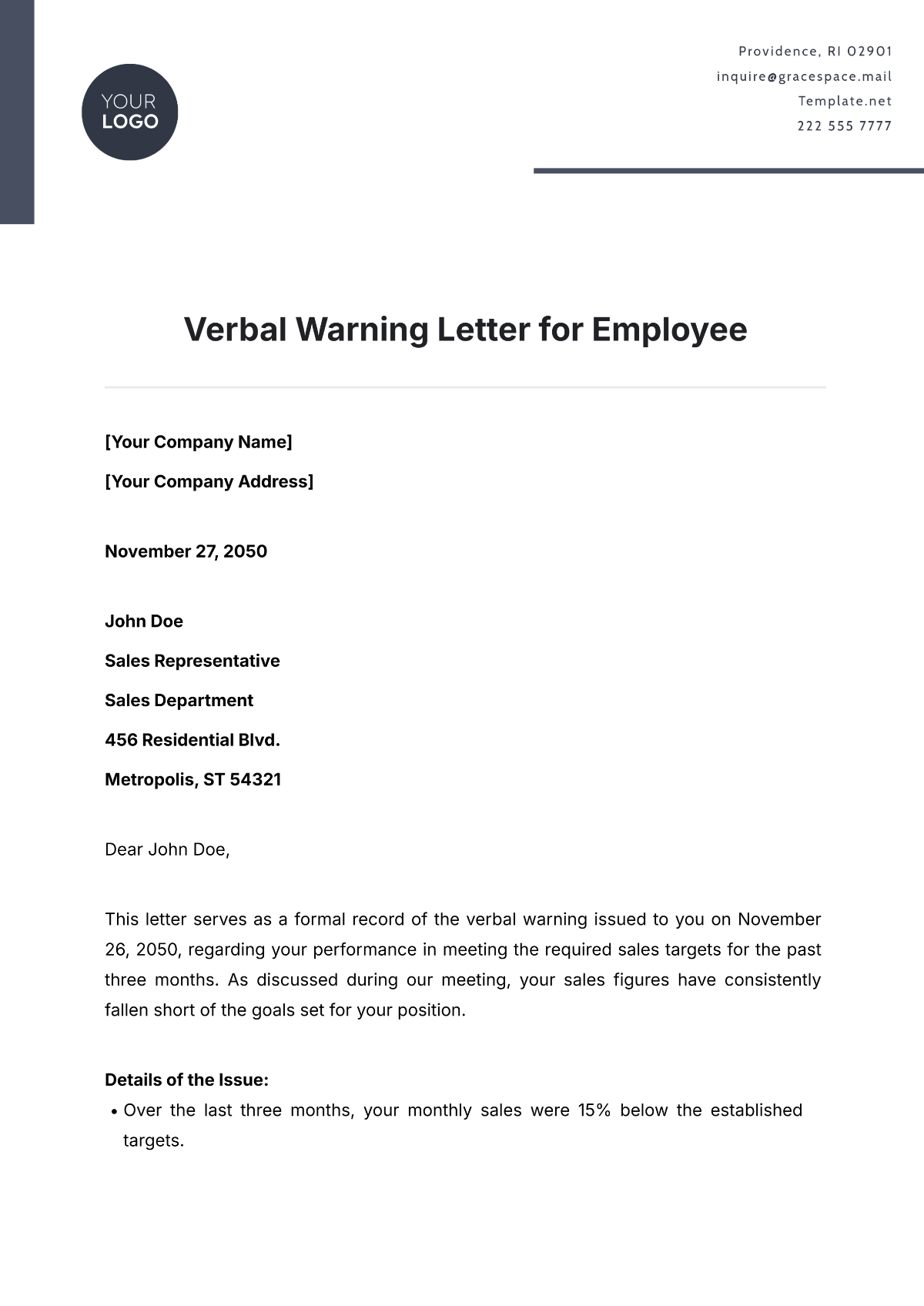 Verbal Warning Letter Template for Employee - Edit Online & Download