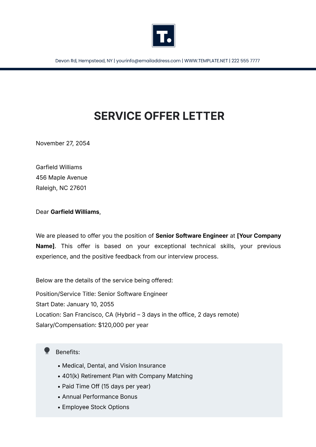 Service Offer Letter Template - Edit Online & Download