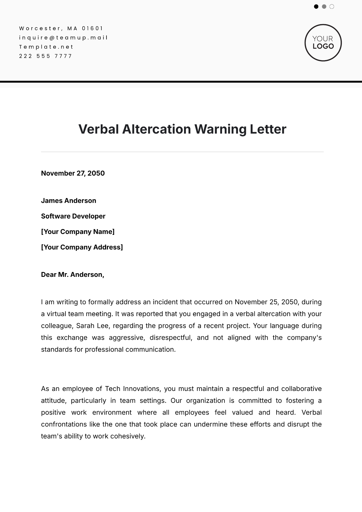 Verbal Altercation Warning Letter Template - Edit Online & Download