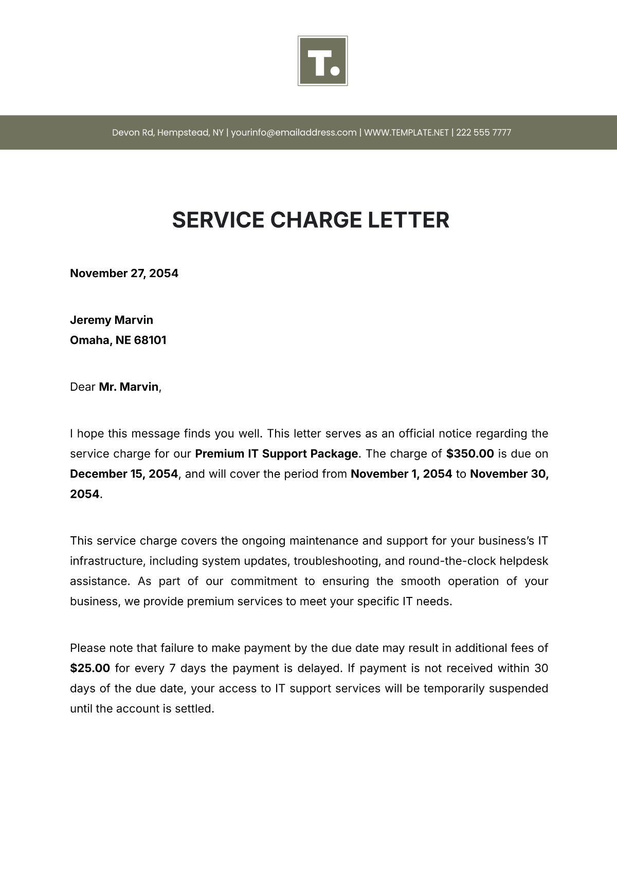 Service Charge Letter Template