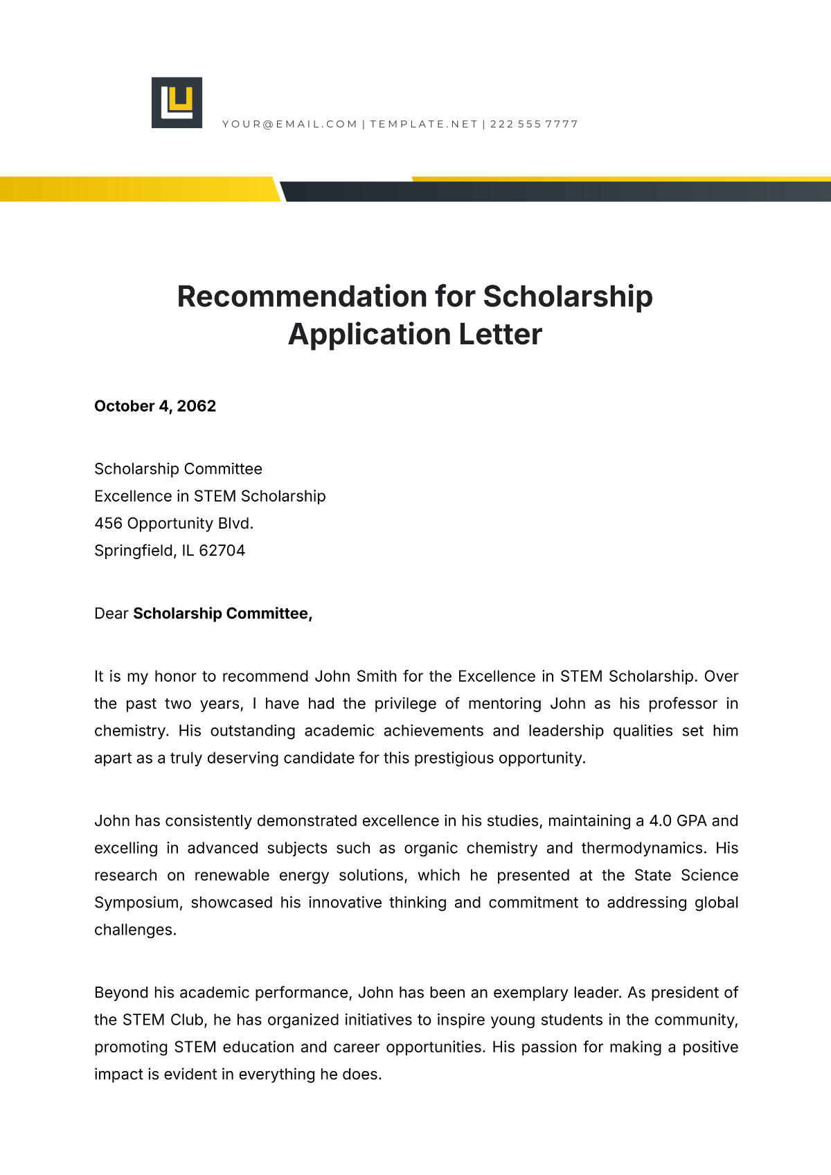 Recommendation for Scholarship Application Letter Template - Edit Online & Download